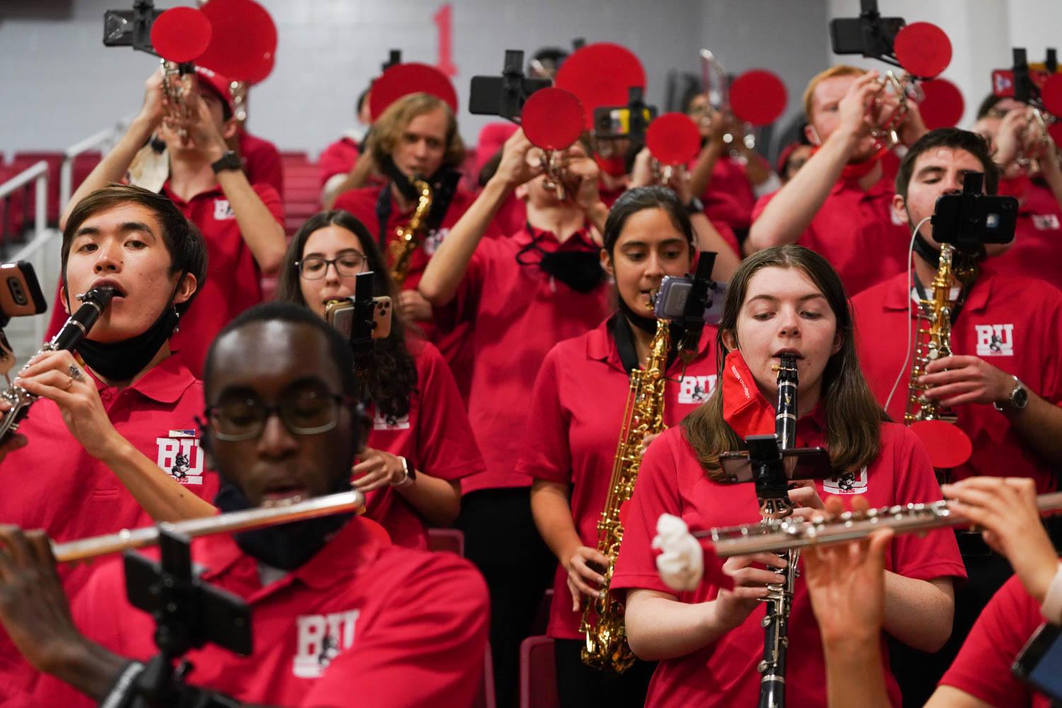The Boston University Pep Band performing during the men’s basketball game at Case Gym Nov. 12. No matter how well or how poorly Terrier sports games play out, the band’s roaring music invigorates players and fans alike. MOHAN GE/ DAILY FREE PRESS STAFF