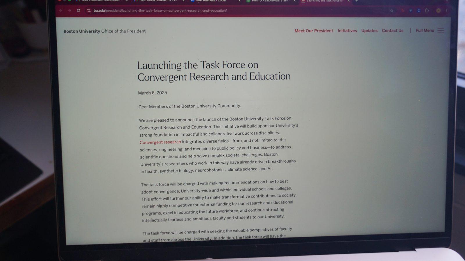A letter from the Office of the President announcing a new task force on convergent research and education. The task force, which is co-chaired by Kenneth Lutchen and Darrell Kotton, held its first meeting March 17. SIENA GLEASON/DFP PHOTOGRAPHER