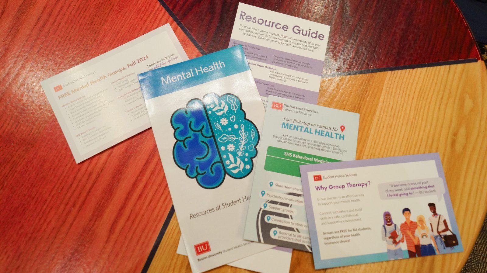 Mental health resource pamphlets in Boston University Student Health Services. BU was placed on the ‘2025 Mental Health Services Honor Roll’ created by The Princeton Review. SIENA GLEASON/DFP PHOTOGRAPHER