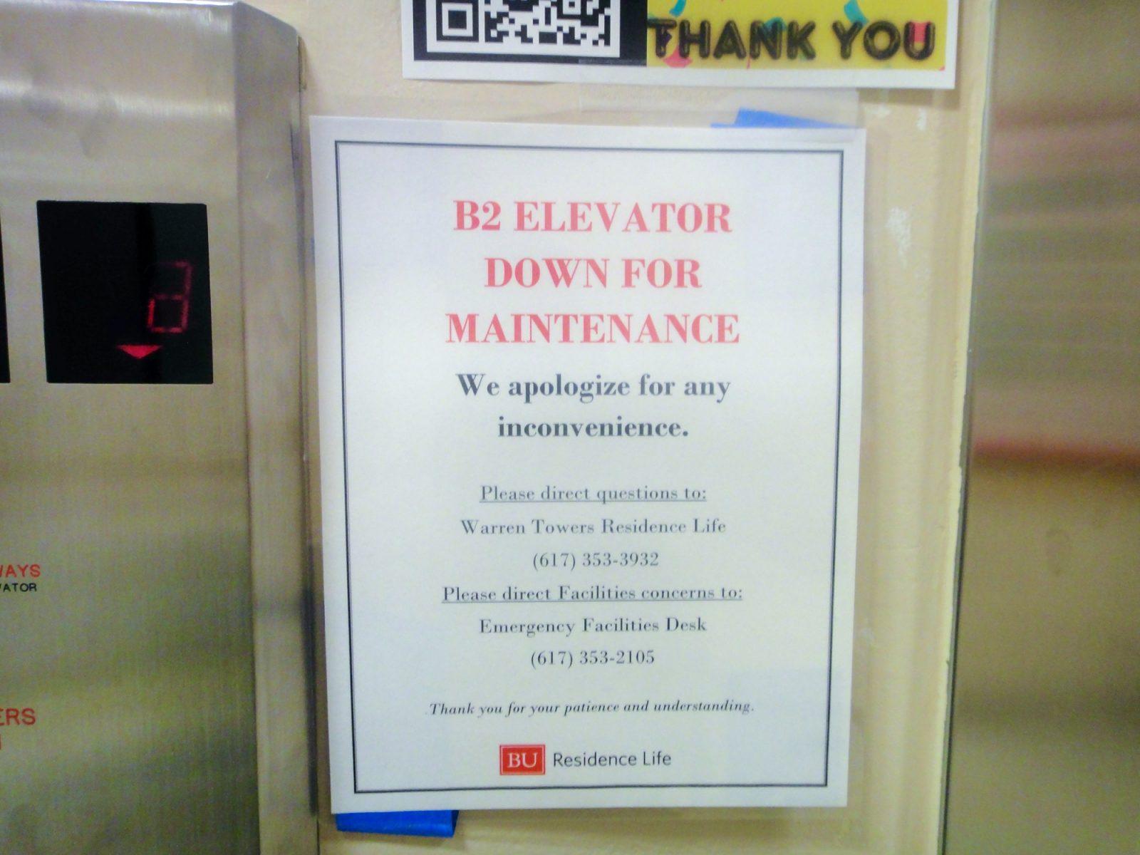 A maintenance notice in the Warren Towers dormitory. Renovations to improve Warren Towers will begin over winter break and be completed by 2028. SIENA GLEASON/DFP PHOTOGRAPHER 
