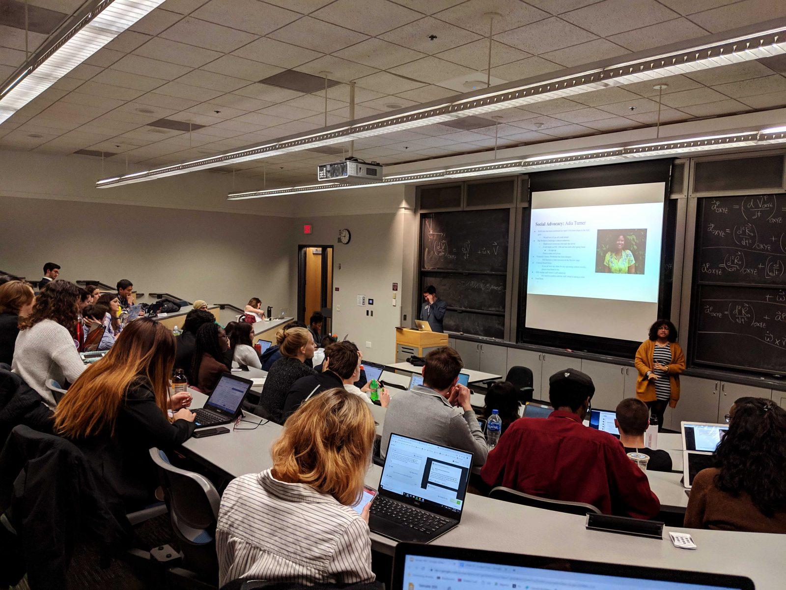 Adia Turner, director of social advocacy for Boston University's Student Government, speaks at SG’s weekly meeting in the Photonics Center Monday night. GRANT HILLYER/ DAILY FREE PRESS STAFF  