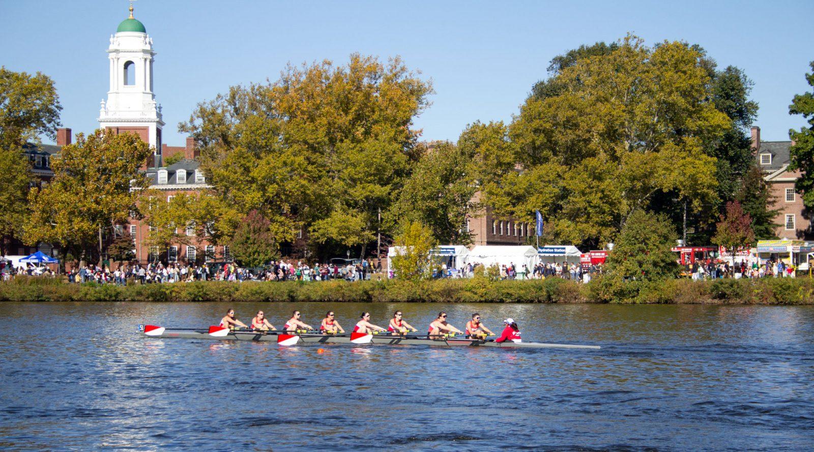 The Boston University women’s rowing team competing in the Championship 8+ event at the Head of the Charles Regatta. The event brings rowers from all over the country together. CLAIRE GUEST/DFP PHOTOGRAPHER
