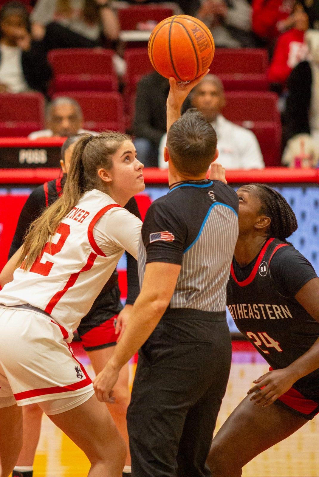 Freshman forward Allison Schwetner (42) prepares for tip-off during the women’s basketball game on Nov. 4. The Boston University women’s basketball team won an exhibition game against Emmanuel College on Tuesday. CLAIRE GUEST/DFP PHOTOGRAPHER 
