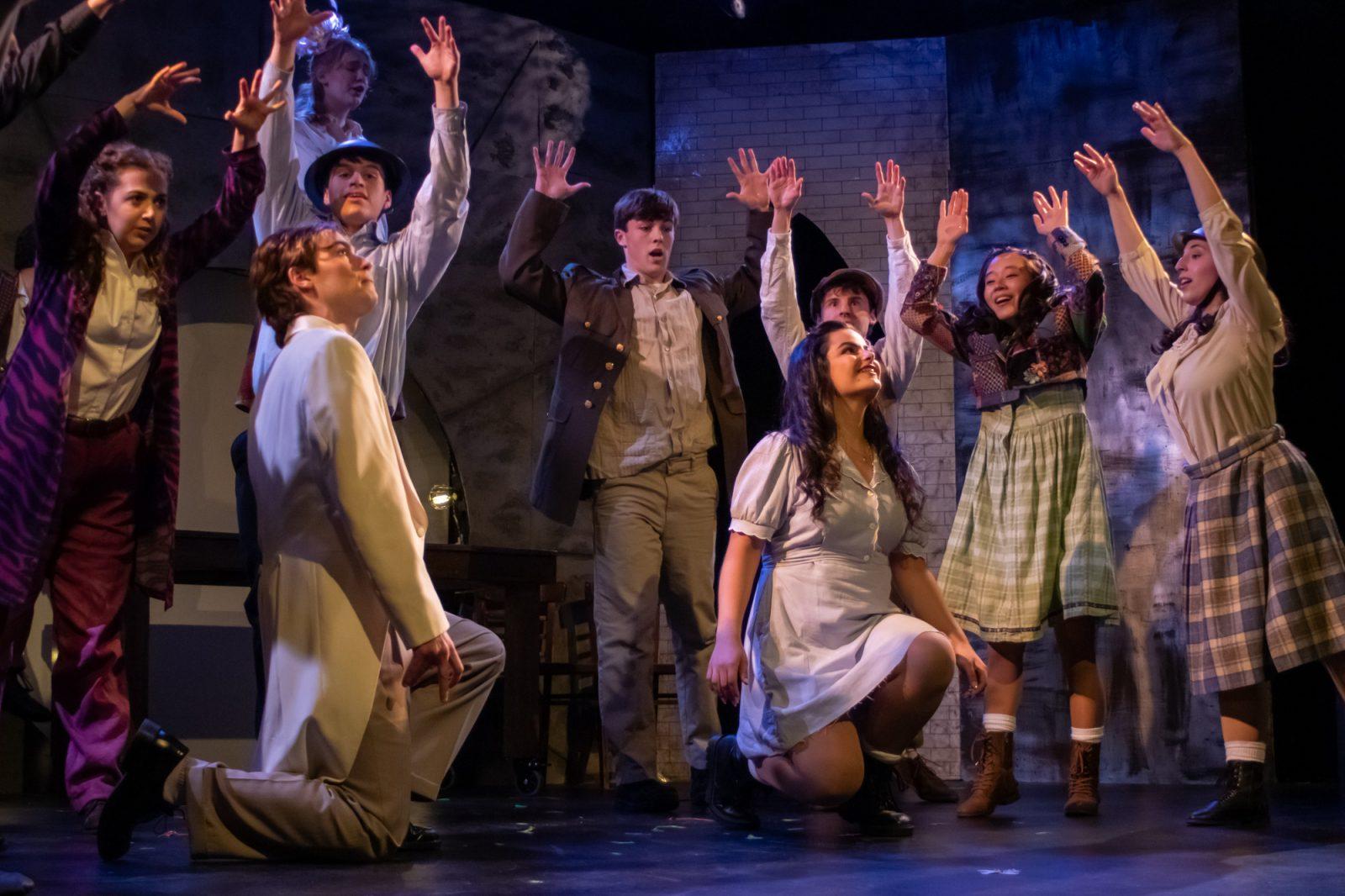 The cast of Boston University on Broadway’s “Alice by Heart” during the song, “Down the Hole.” The show was held at the Agganis Arena Student Theater March 20 to 22 in a sold-out run. HOLLY GUSTAVSEN/DFP PHOTOGRAPHER 