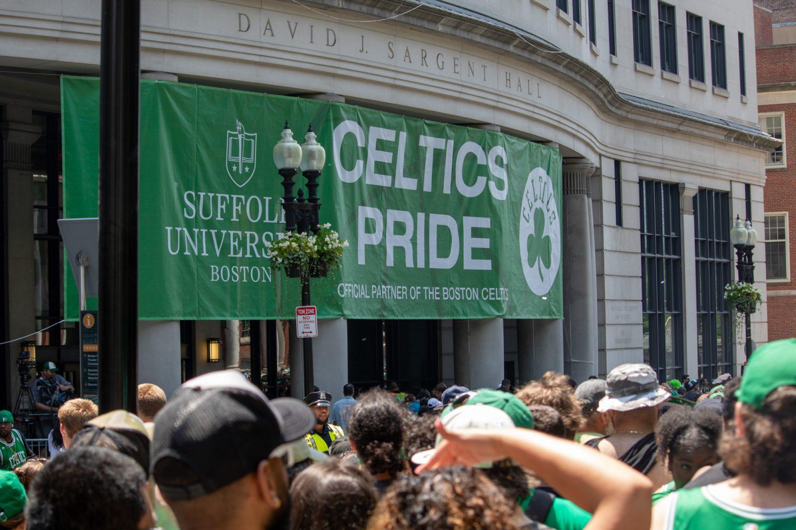 A Celtics banner hung outside Suffolk University Law School building David J. Sargent Hall. HOLLY GUSTAVSEN/DFP PHOTOGRAPHER