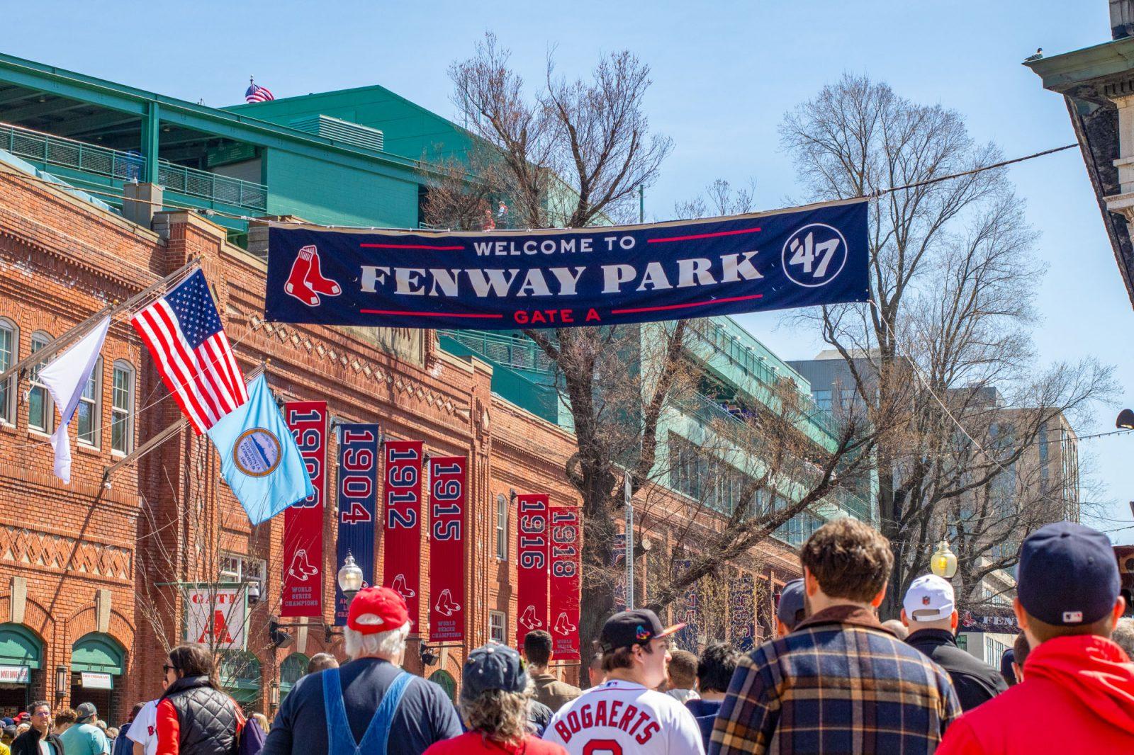 Jersey Street is flooded with baseball fans on opening day for the Red Sox at Fenway Park on Tuesday. Despite ending the 2023 season last place in the AL East, Red Sox fans packed the stadium for the home opener against the Baltimore Orioles. HOLLY GUSTAVSEN/DFP PHOTOGRAPHER