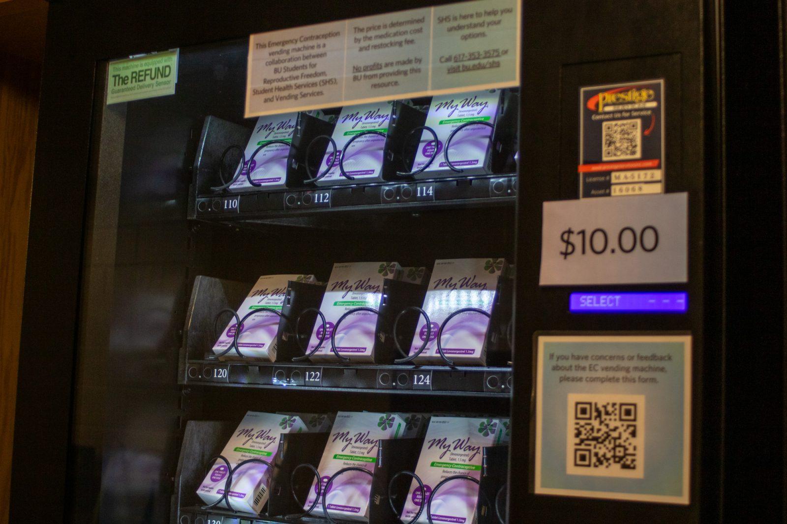 The emergency contraception vending machine in the basement of the George Sherman Union. A student-led initiative organized the installation of a Plan B vending machine at Boston University Medical Campus. HOLLY GUSTAVSEN/DFP PHOTOGRAPHER