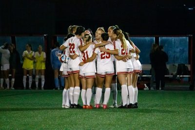 The Boston University women’s soccer team in a huddle during a game against Yale University on Tuesday.