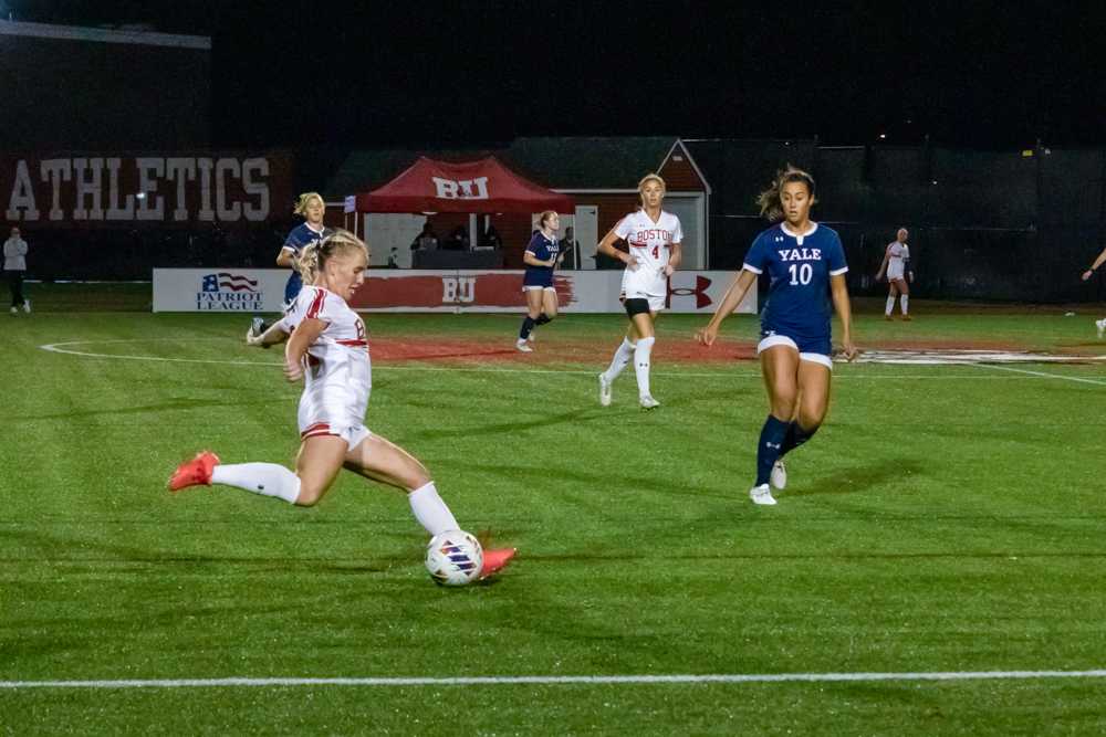 Boston University junior midfielder Hugrún Helgadóttir (31) kicks the ball in a game against Yale University on Tuesday. The Terriers beat American 4-0 during Senior Day on Saturday to secure a playoff spot in the Patriot League Tournament. HOLLY GUSTAVSEN/DFP PHOTOGRAPHER