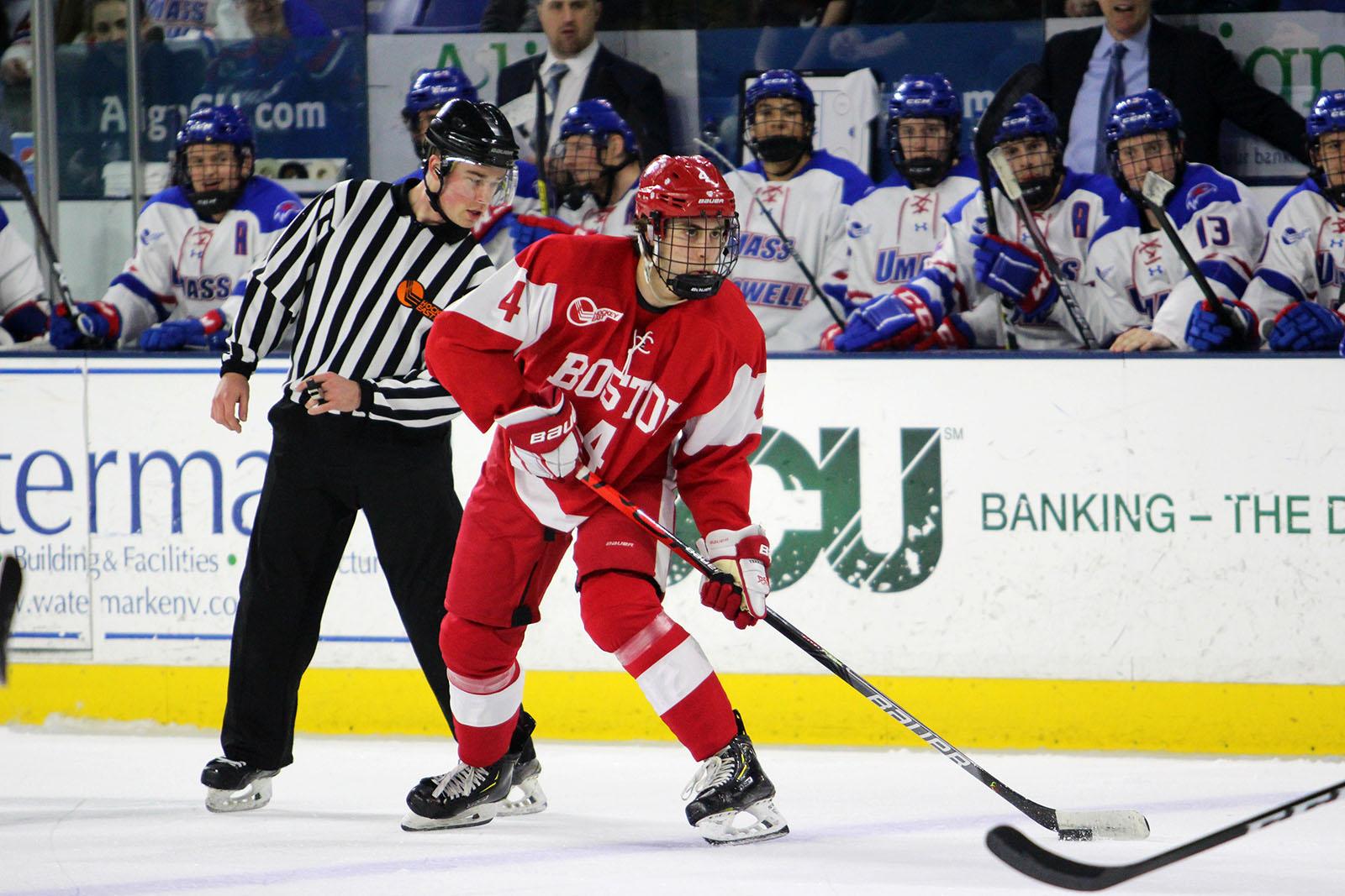 Senior defenseman David Farrance in a game against the University of Massachusetts Lowell Jan. 25, 2020. Farrance scored the winning goal in overtime Sunday against the University of Massachusetts Amherst, securing the series for the Terriers. EMILY HUNTER/ DFP FILE