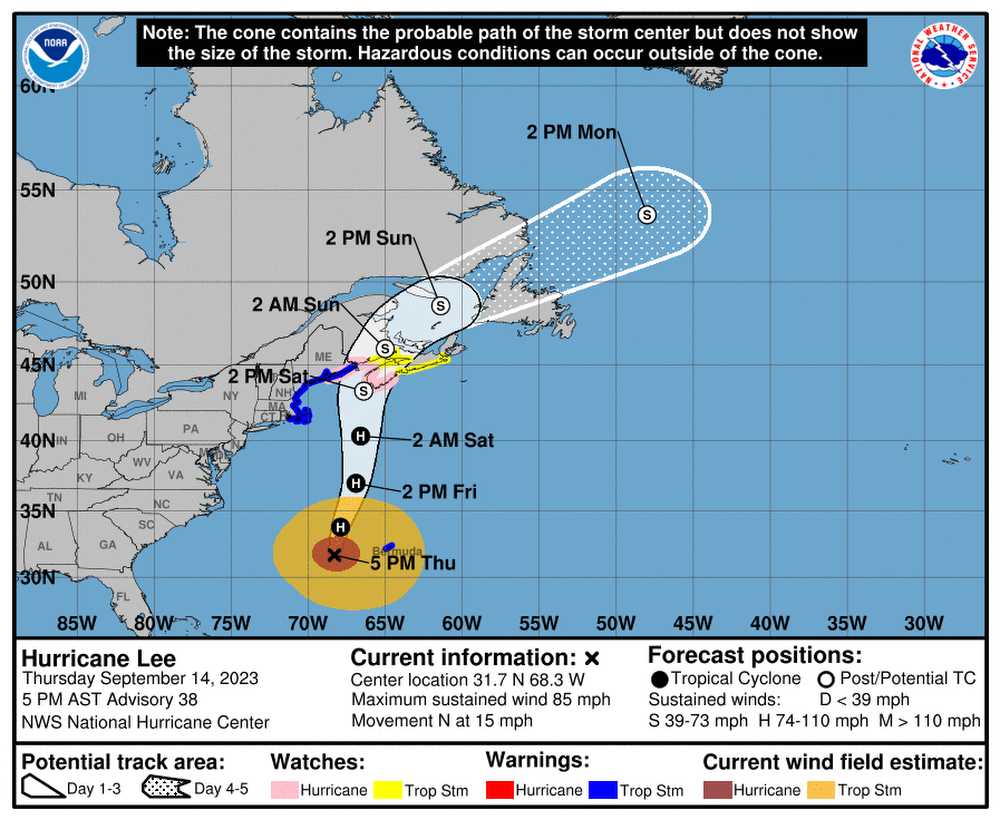 A NOAA graphic gives a tropical storm warning to eastern Massachusetts, while forecasting the center of the storm far from the coastline. In a statement Thursday morning, Wu urged Boston residents to prepare in case Hurricane Lee’s effects are worse than forecasted. PHOTO COURTESY OF NOAA