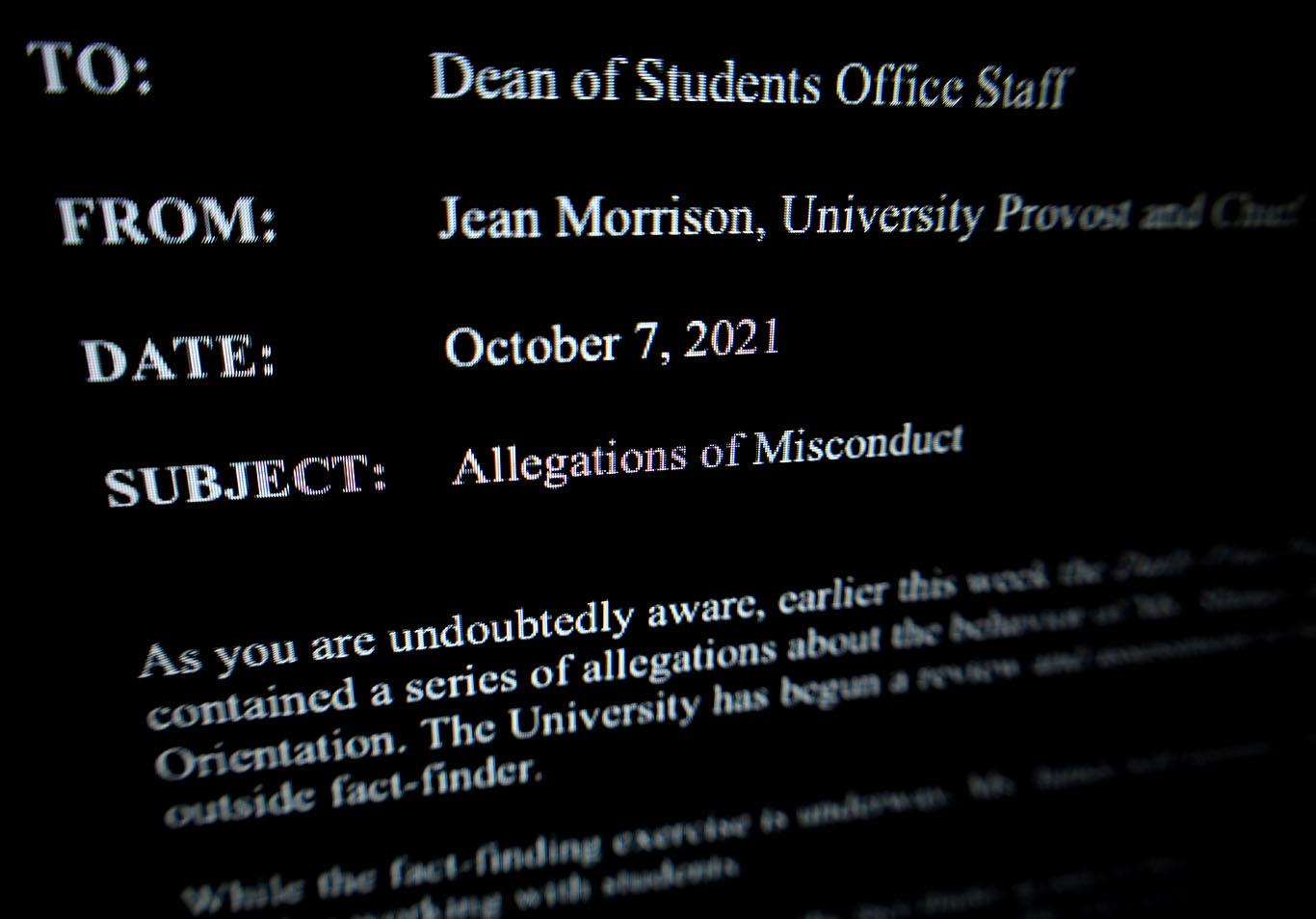 The letter sent by Boston University Provost and Chief Academic Officer Jean Morrison to the Dean of Students Office Oct. 7. Morrison announced the use of an outside factfinder to investigate allegations of verbal and emotional abuse of student employees in BU’s Orientation program. ILLUSTRATION BY CONOR KELLEY/ DAILY FREE PRESS STAFF
