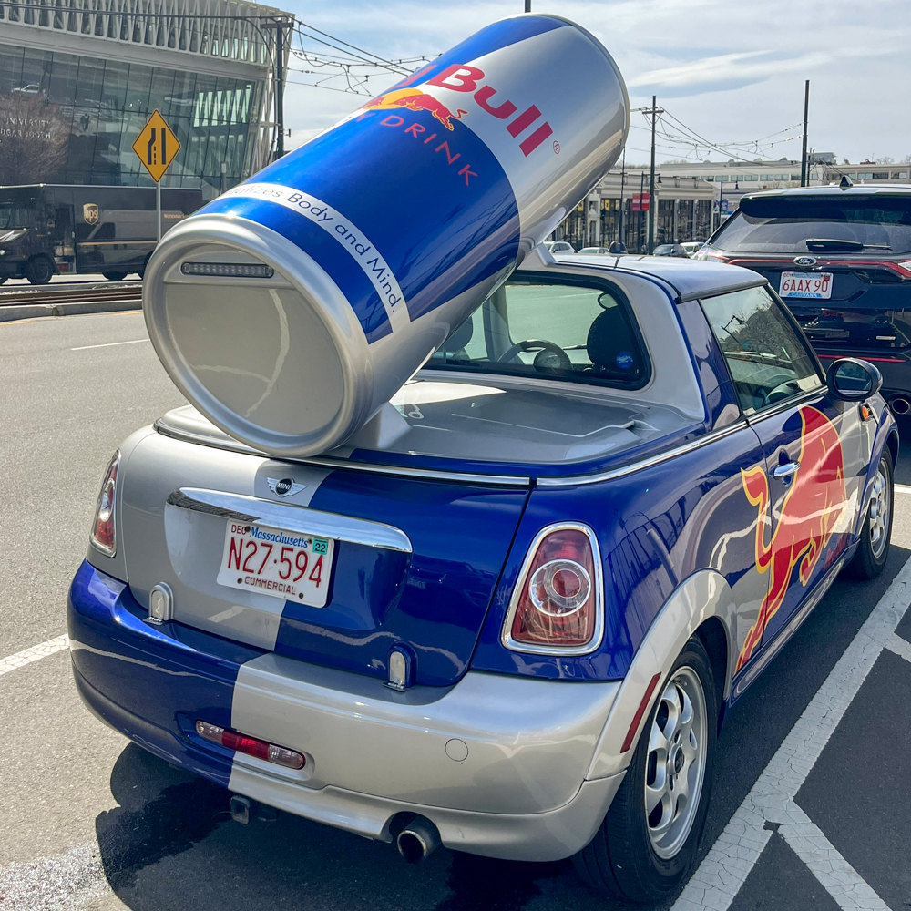 A Red Bull Mini Cooper