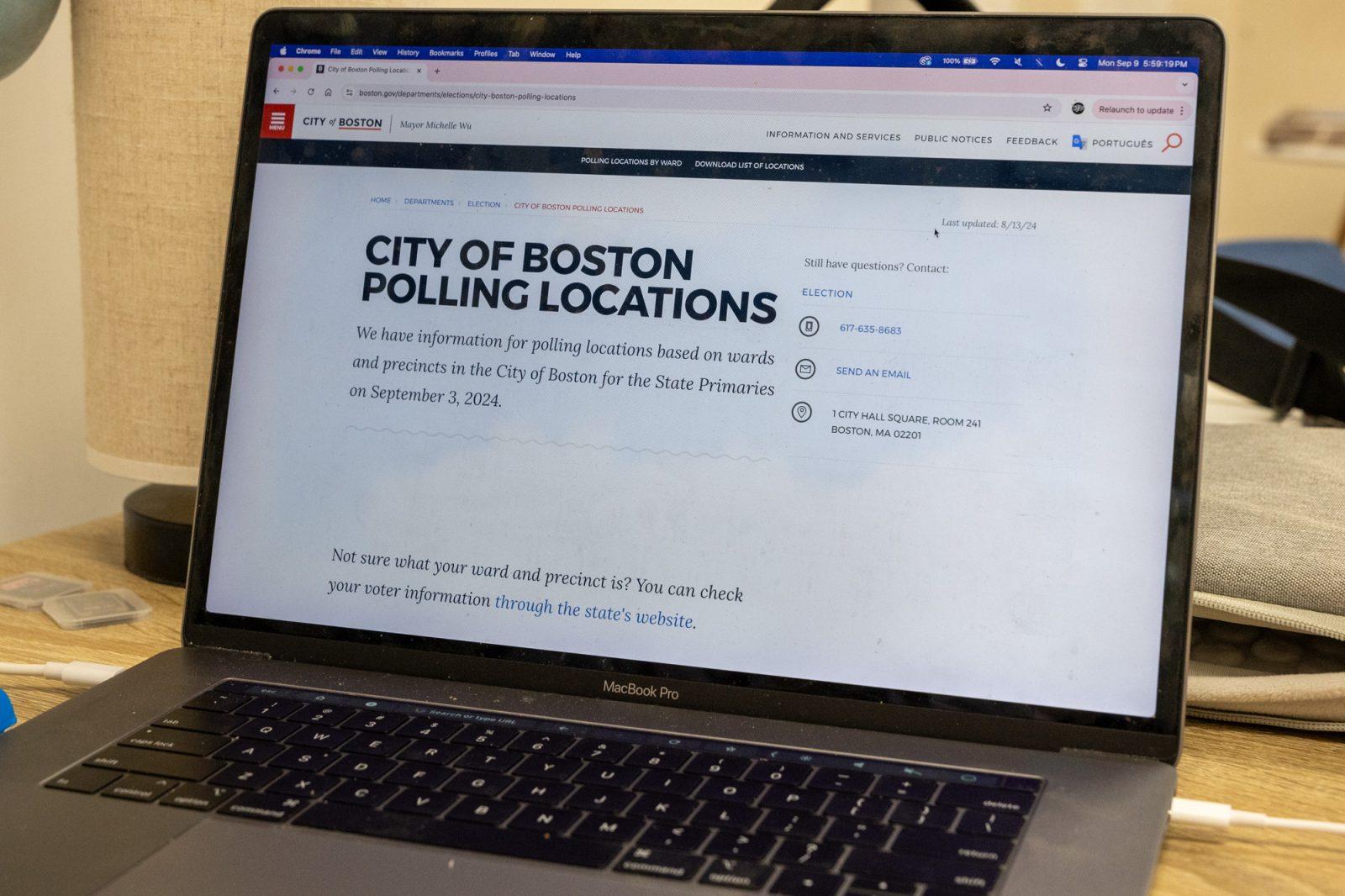 The City of Boston polling locations webpage. Multiple polling locations in the Boston University area reported low in-person voter turnout on Tuesday. KATE KOTLYAR/DFP PHOTOGRAPHER