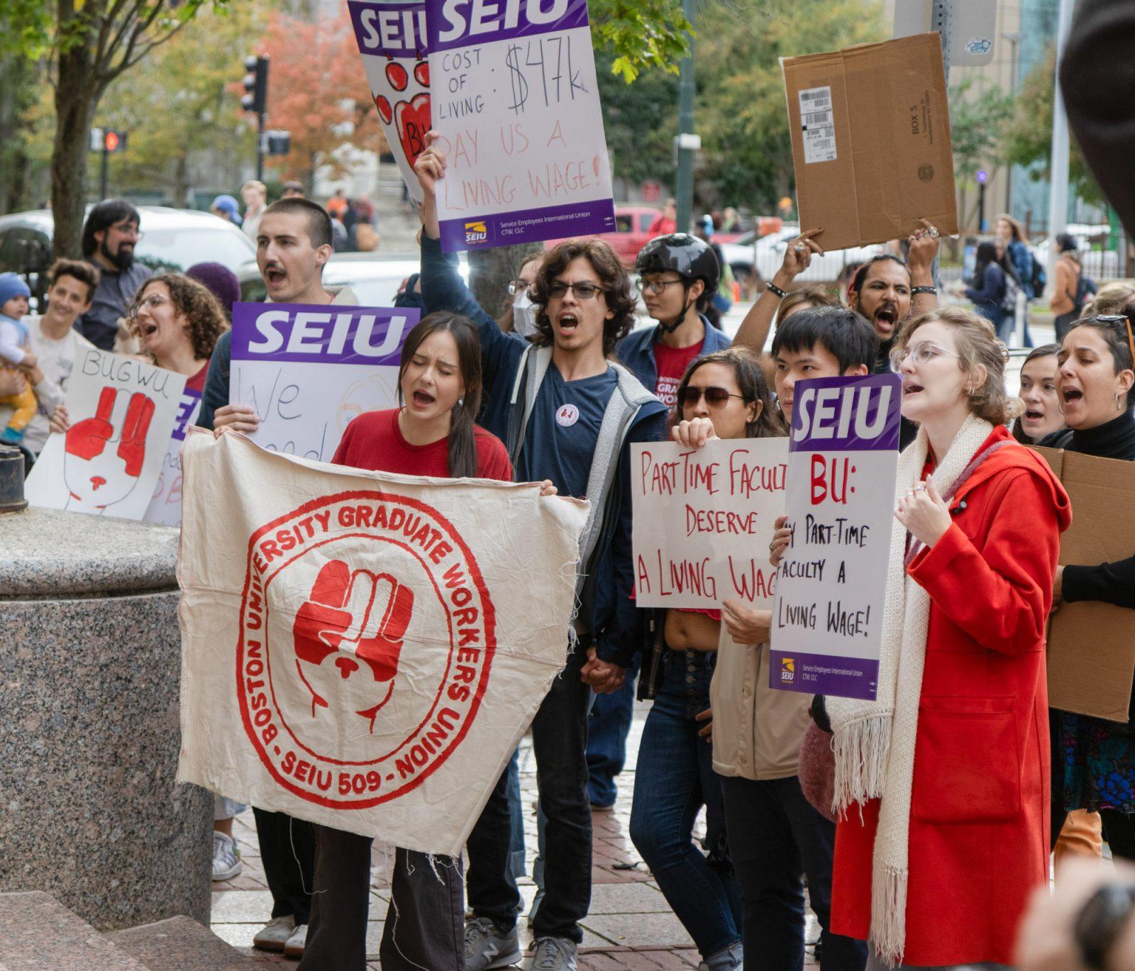 Protestors chant outside 1 Silber Way at a combined union rally last October. The Boston University Graduate Workers Union voted to authorize a strike, as stated in an email from the BU Provost’s Office, which may begin on March 25. KATE KOTLYAR/DFP PHOTOGRAPHER
