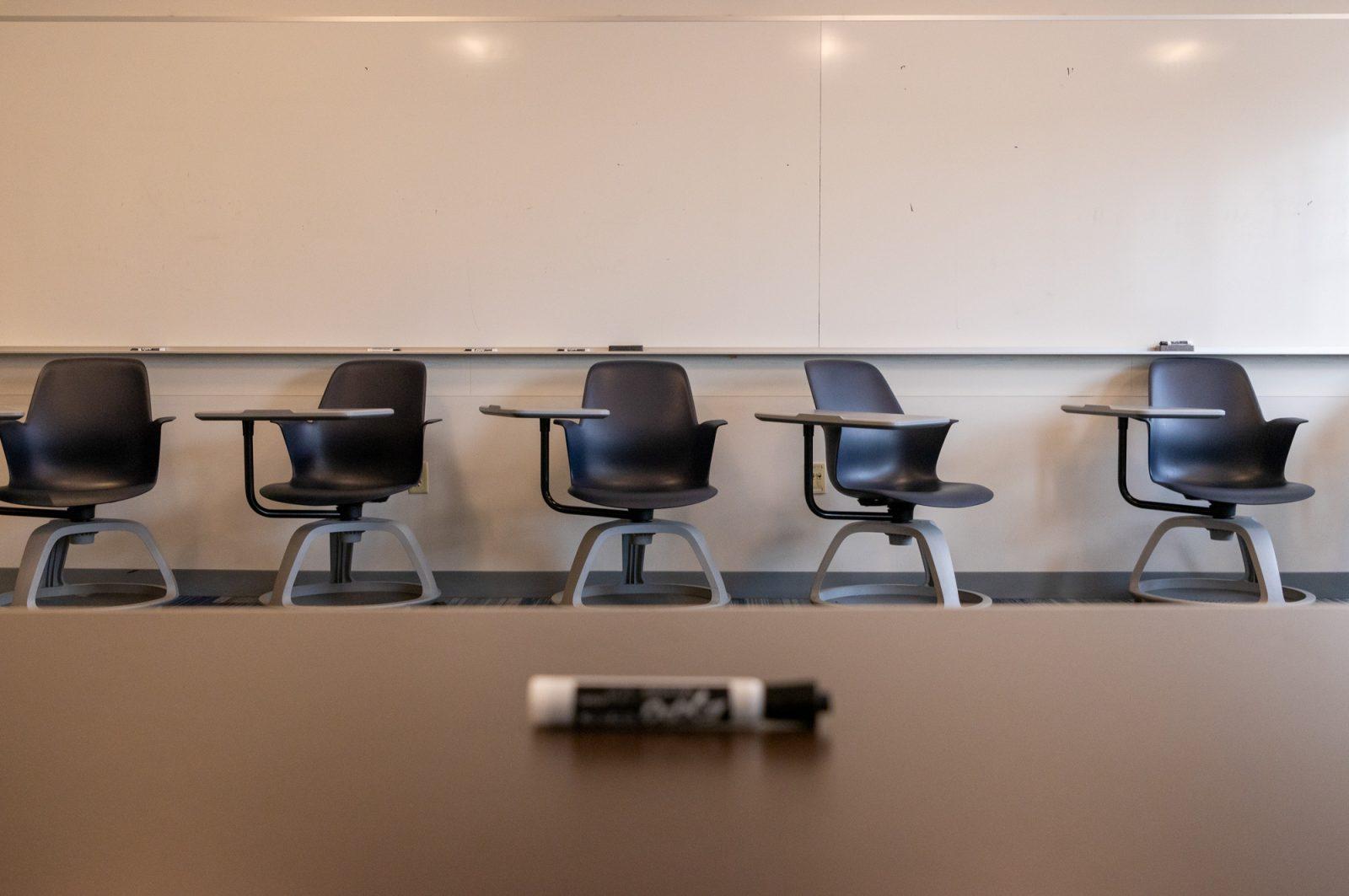 Empty chairs in the College of Arts and Sciences, where professor Tinker Ready taught a class until recently. Ready has been placed on administrative leave amidst an investigation into comments made to students. KATE KOTLYAR/DFP PHOTOGRAPHER