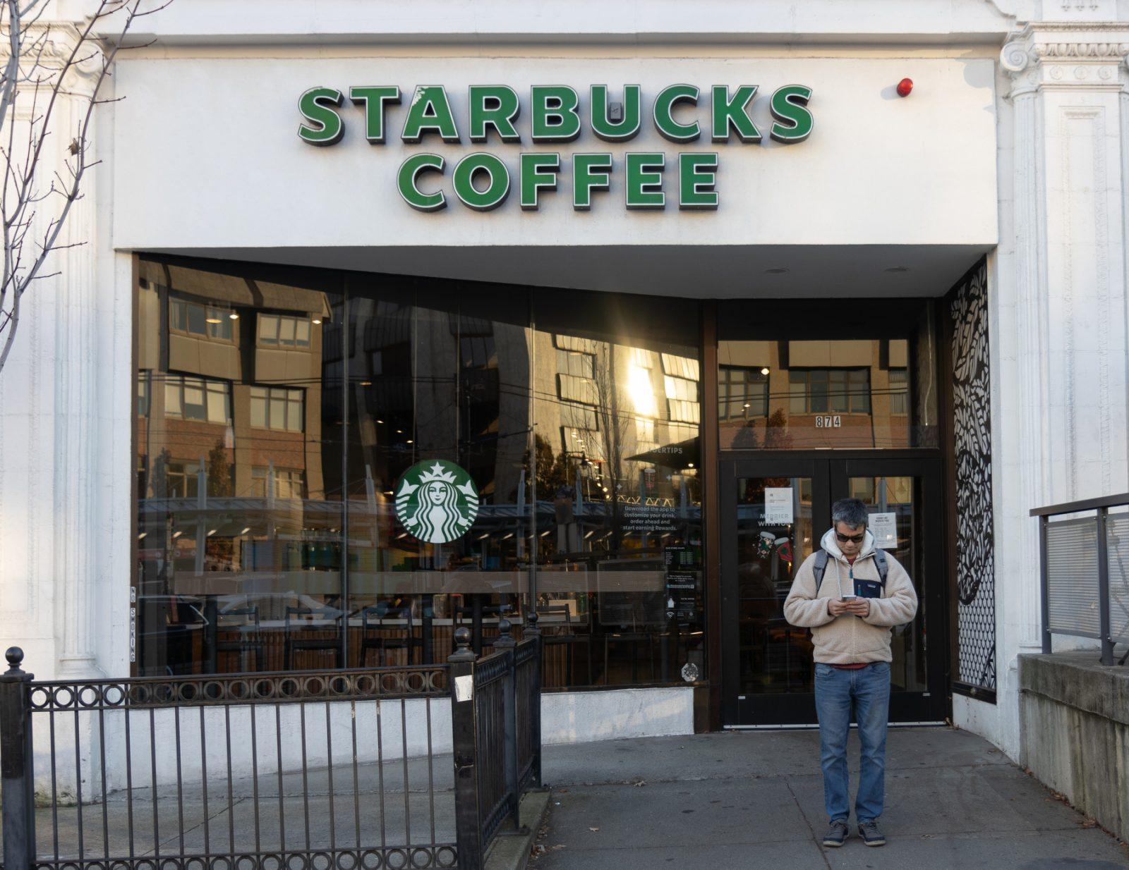 Starbucks at 874 Commonwealth Avenue. The unionized store is one of 200 across the country that went on strike Thursday to bring attention to staffing and scheduling issues. KATE KOTLYAR/DFP PHOTOGRAPHER