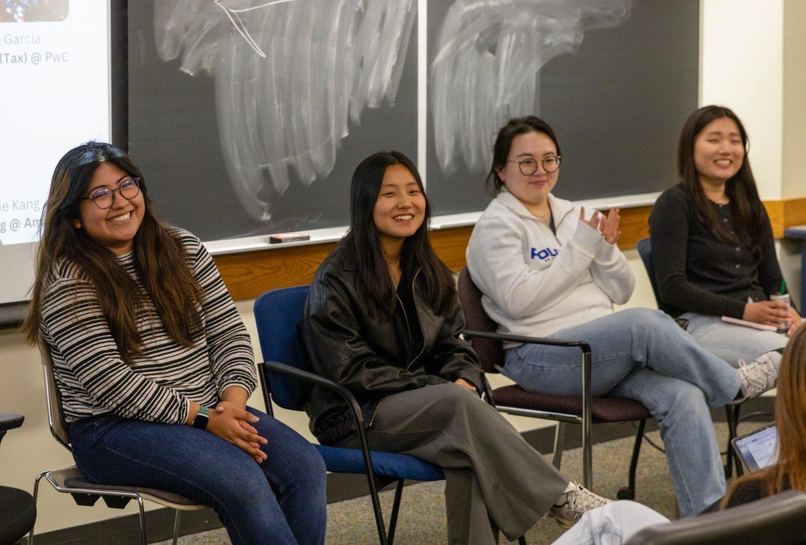 (From left) herNetwork executive board members Camila Garcia (QST ‘25), Rosie Kang (QST ‘24), Tiffany Trinh (QST ‘26) and Soomin Lee (QST ‘25) discuss how to secure summer internships during a panel on Monday. herNetwork hosts events and workshops to empower women in the business industry. KATE KOTLYAR/DFP PHOTOGRAPHER