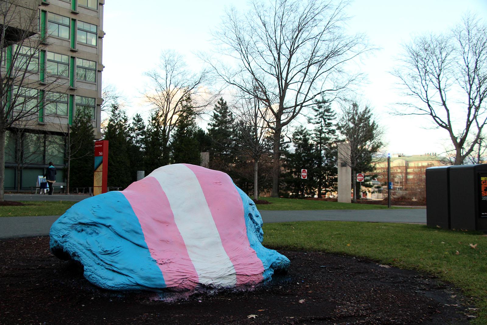 A Kappa Sigma member painted over the transgender pride flag on the Boston University Rock, which was originally painted in honor of Transgender Day of Remembrance. THALIA LAUZON/ DAILY FREE PRESS STAFF