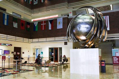 globe statue in the questrom school of business at boston university