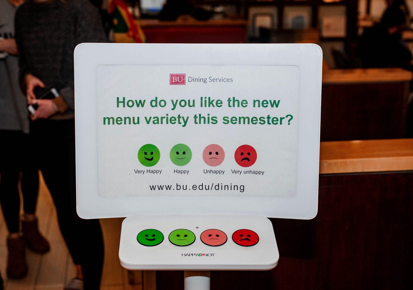 Boston University Dining Services is working to make improvements by installing feedback machines in each dining hall to measure students’ satisfaction. LEITHLAND KILBURN/ DAILY FREE PRESS STAFF