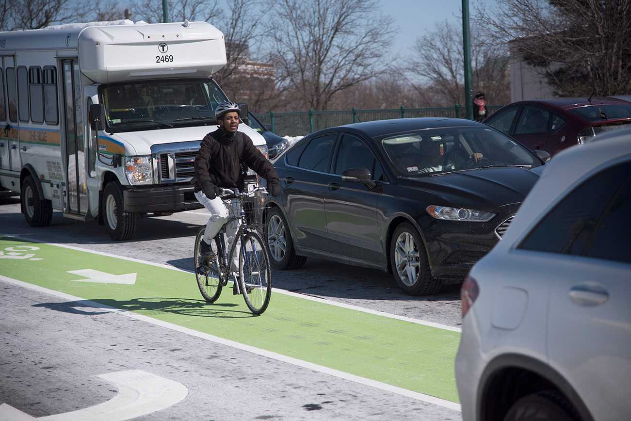 A cyclist riding down a Commonwealth Avenue bike path. LivableStreets Alliance, a Cambridge-based nonprofit, wants to increase the number of shared-use greenway paths in Boston to make biking in the city more safe. LEXI PLINE/ DFP FILE



