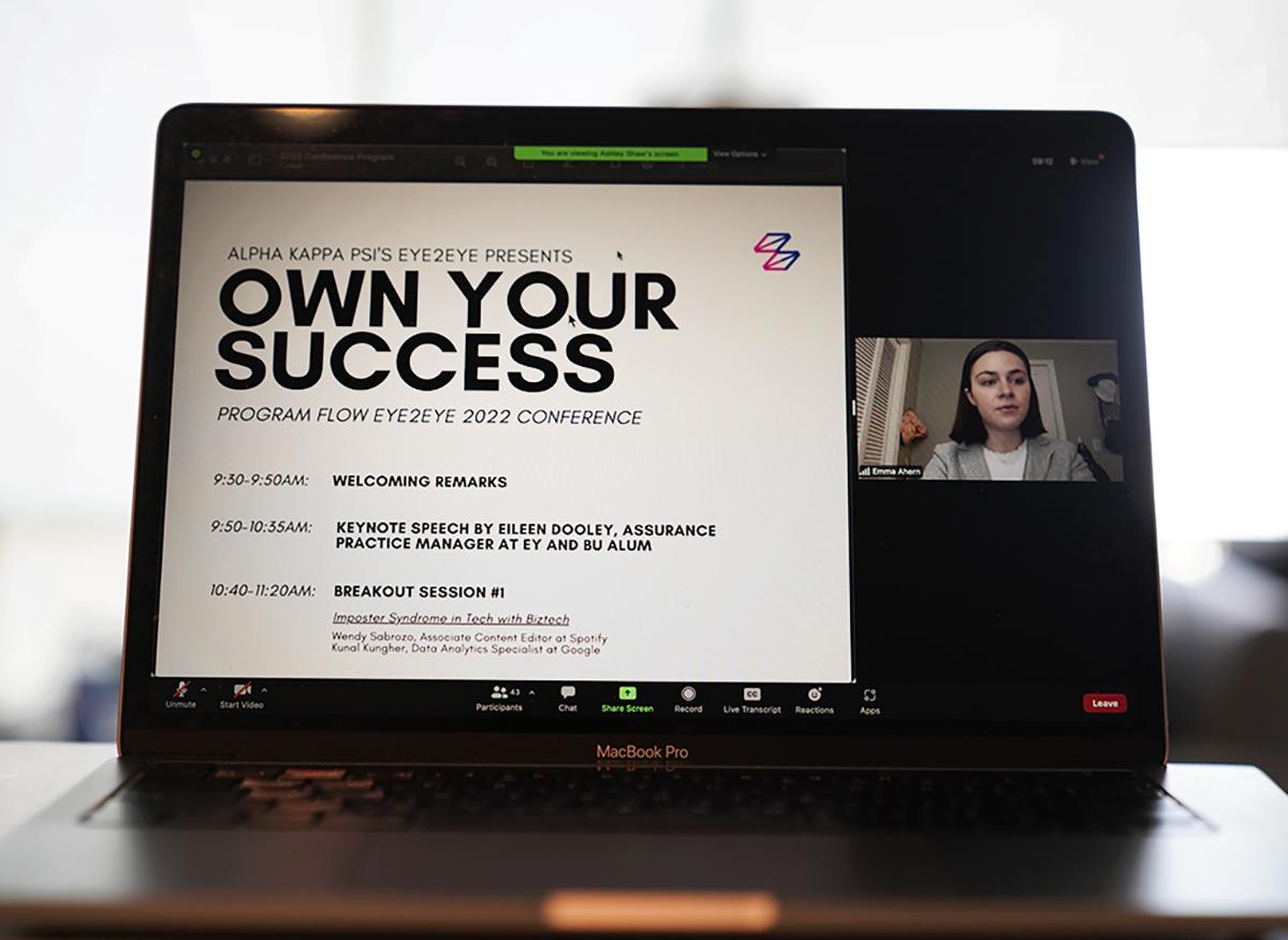 Alpha Kappa Psi’s 2022 Eye2Eye conference “Own Your Success: Overcome Imposter Syndrome and Reach New Heights.” The student-run service organization hosted a virtual conference Feb. 19 tackling the imposter syndrome phenomenon in the workplace. HUI-EN LIN/DFP STAFF
