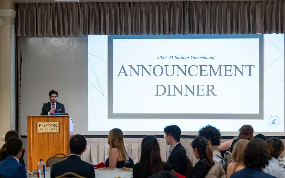 Incumbent Student Body President Dhruv Kapadia speaks at the StuGov election results announcement dinner.