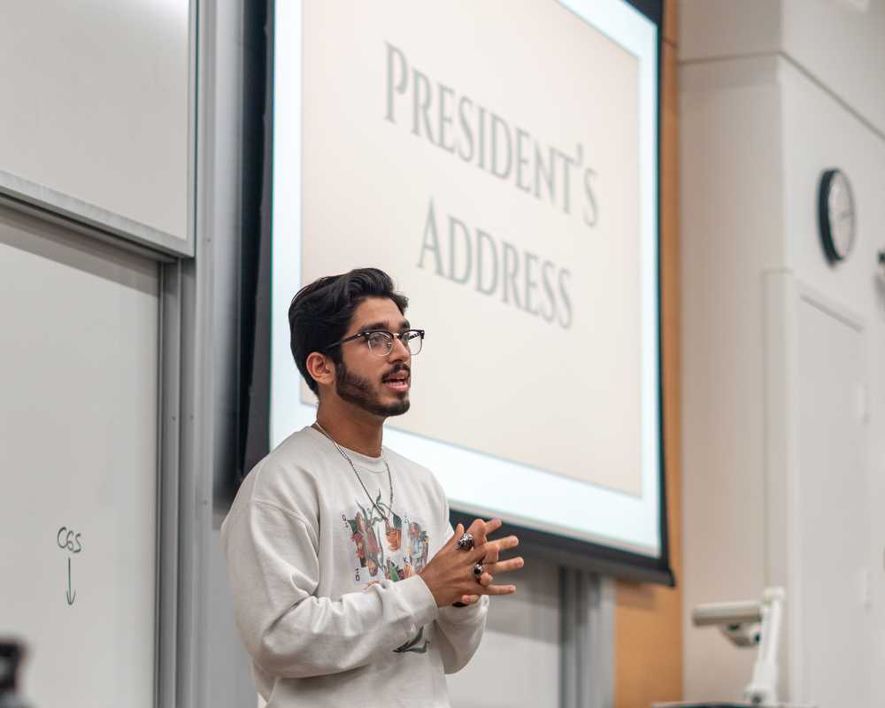 Student Body President Dhruv Kapadia speaks at a StuGov meeting in April. StuGov discussed the conflict in the Middle East and elected a new Senate Rules Chair during a meeting on Monday night. HUI-EN LIN/DFP PHOTOGRAPHER