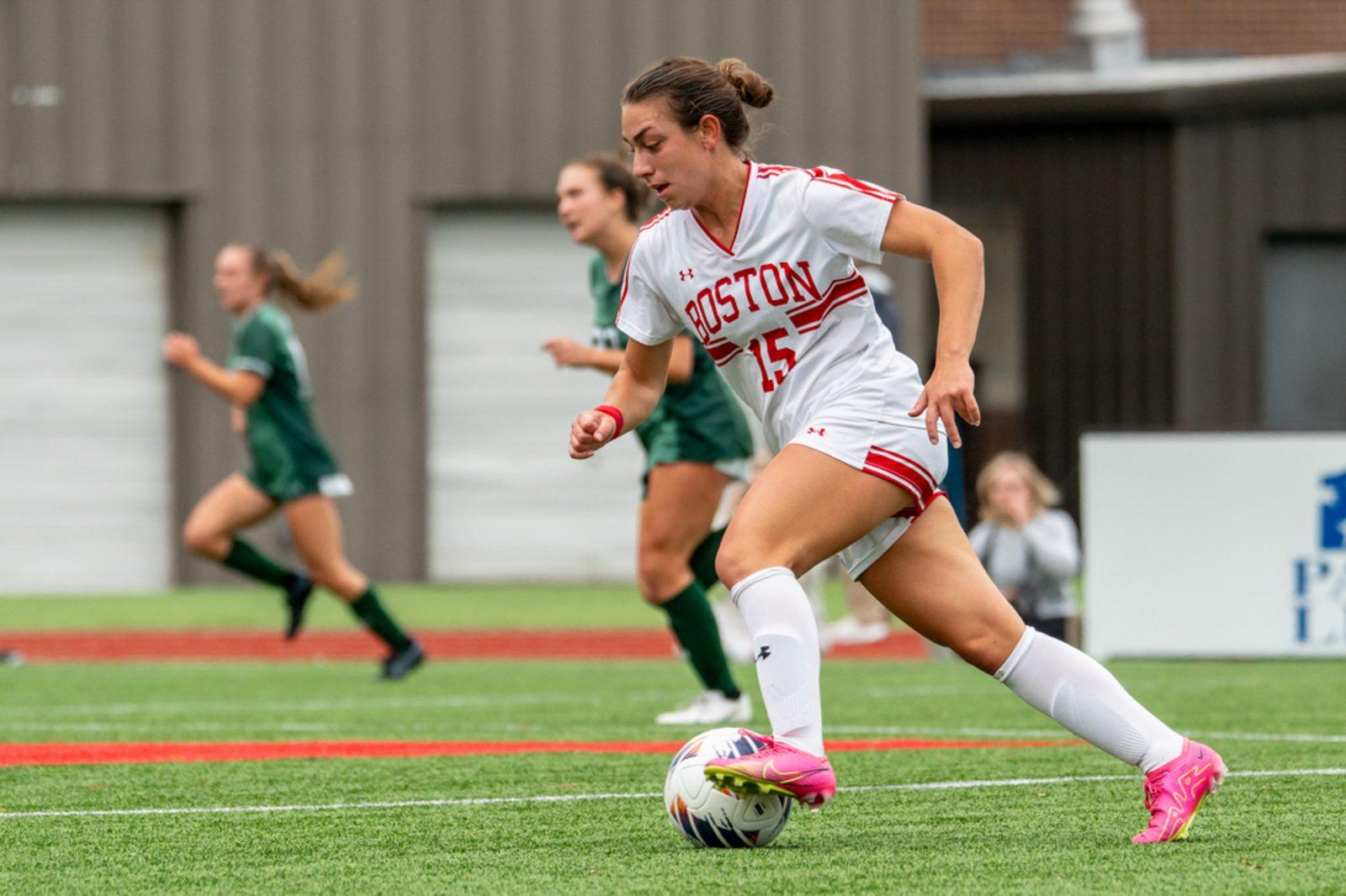 Boston University midfielder Giulianna Gianino (15) during a Sept. 16, 2023 game against Loyola Maryland. The women’s soccer team lost 3-2 to the University of Rhode Island on Saturday. HUI-EN LIN/DFP FILE