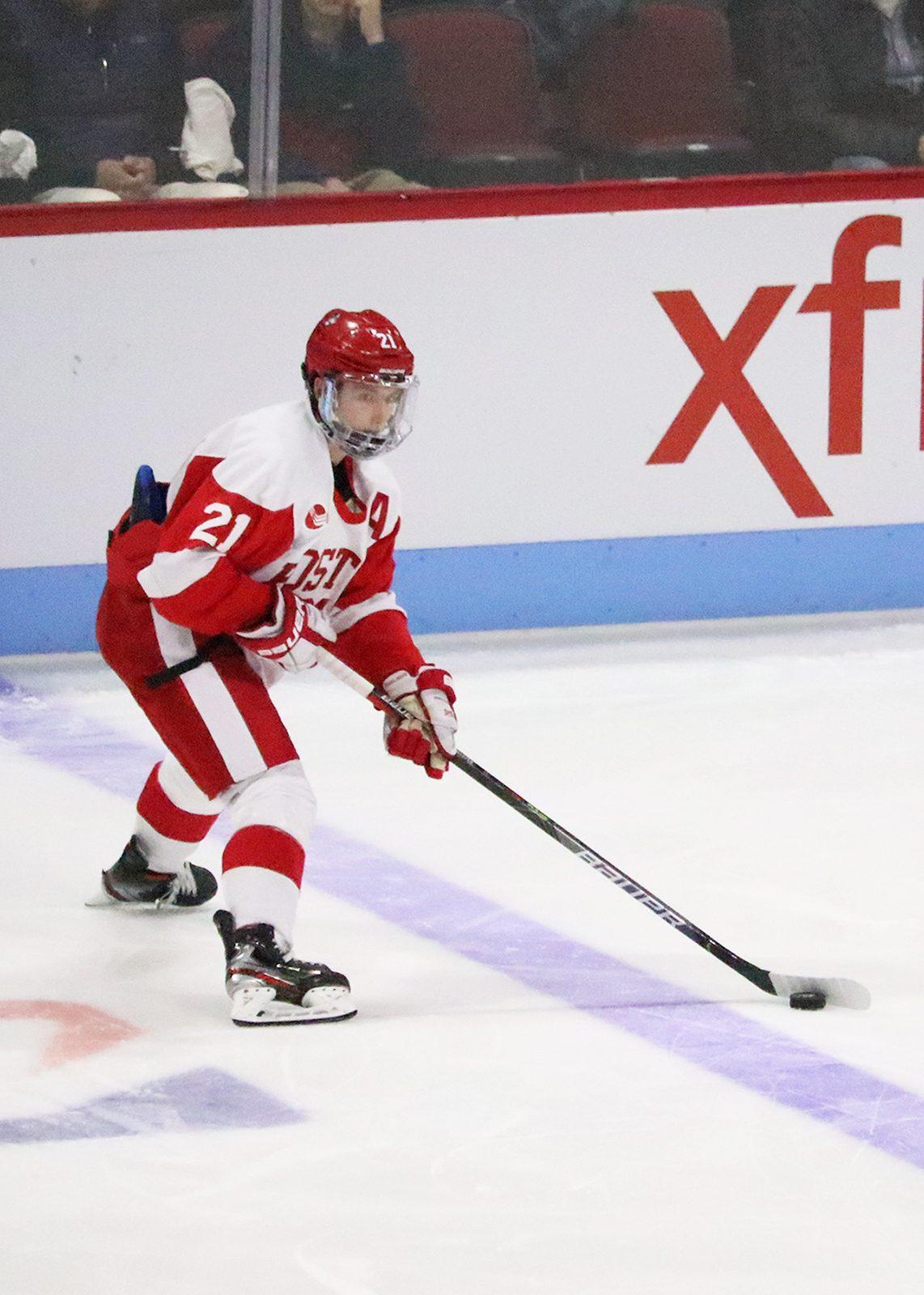 Senior Patrick Harper in a game against Northern Michigan University on Nov. 18. Harper is one of the five players to have scored at least one point in every game this season. LIBBY MCCLELLAND/ DFP FILE 