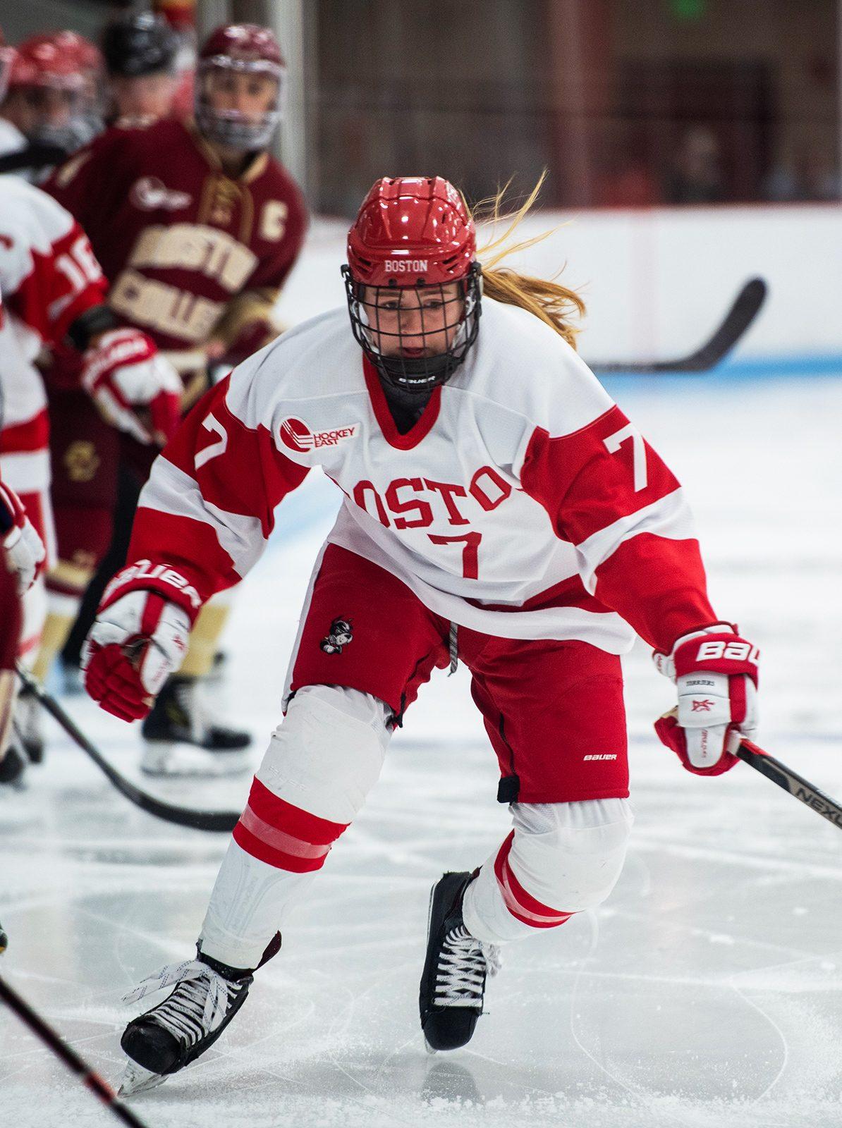 Junior forward Jesse Compher in a game against Boston College on Dec. 1. Compher remains a doubt for BU's upcoming game against Merrimack College Friday. MAISIE MANSFIELD-GREENWALD/ DFP FILE