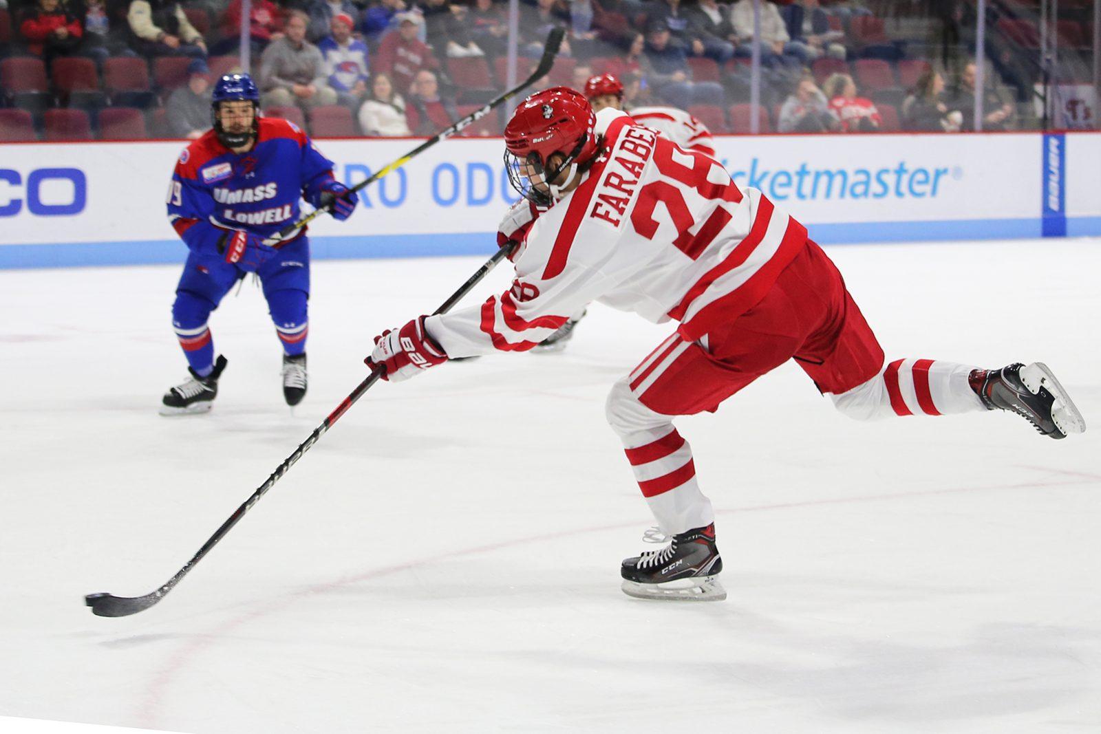 Freshman forward Joel Farabee in a March 16 game against UMass Lowell. Farabee said Northeastern should be scared to play the Terriers at TD Garden. MATT WOOLVERTON/ DFP STAFF