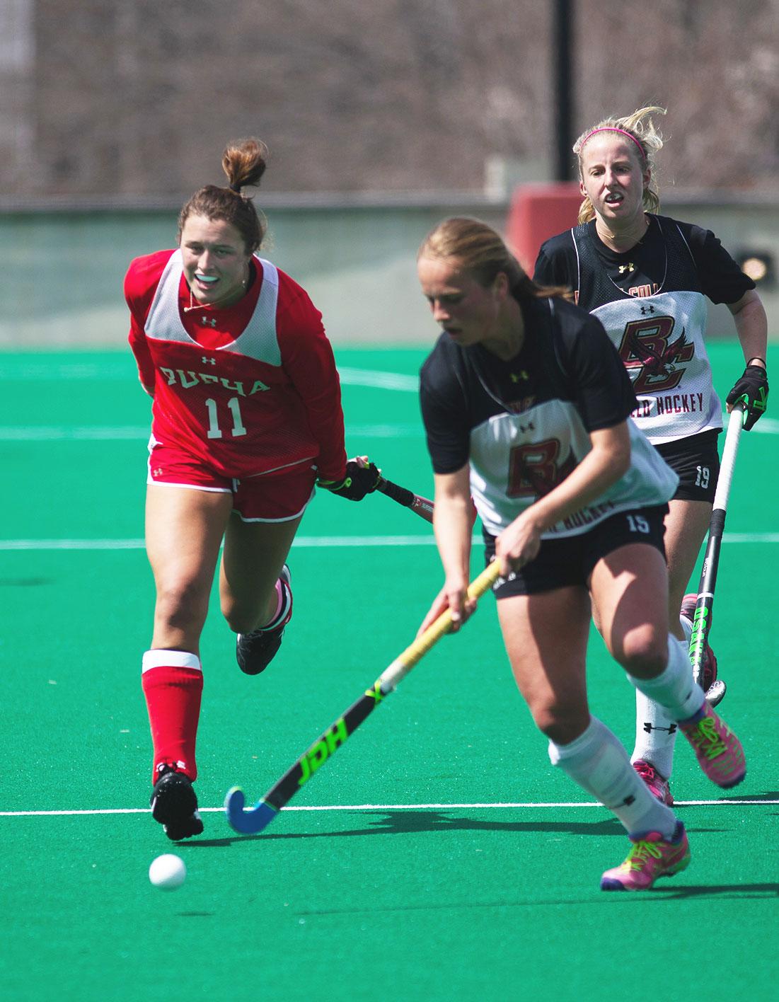 Junior Ailsa Connolly in an off-season game against Boston College in April. Connolly failed to register a goal or assist for the first time this season in Boston Universitys loss to Bucknell University on Saturday. MATTHEW WOOLVERTON/ DFP FILE