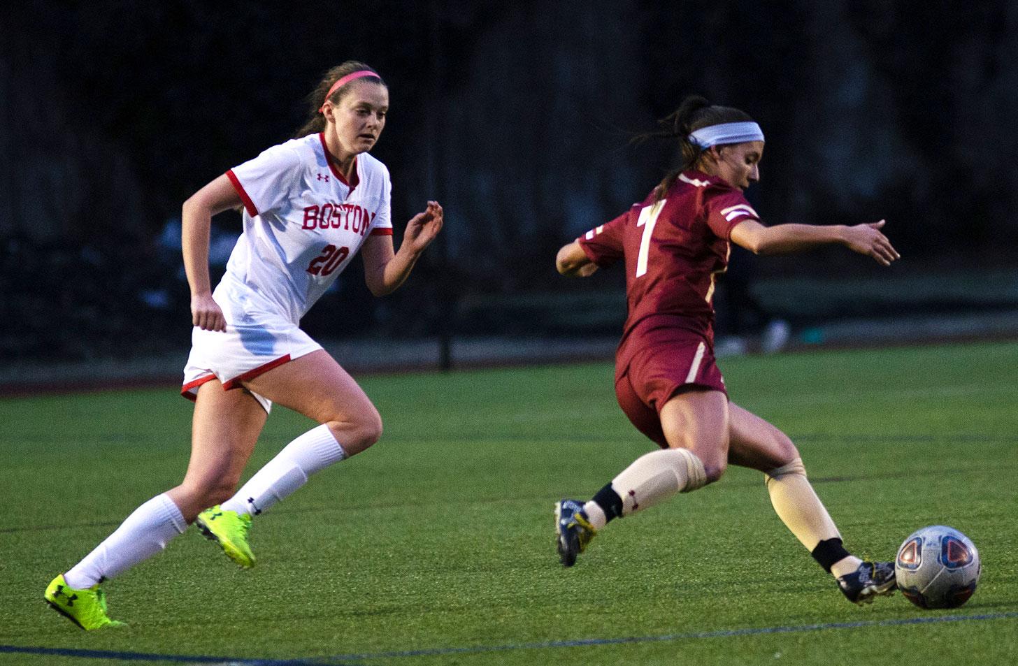 Senior Shannon Keefe in a game against Boston College on April 5. Keefe scored two goals in Boston University's 4-1 rout of American University on Saturday. MATTHEW WOOLVERTON/ DFP FILE