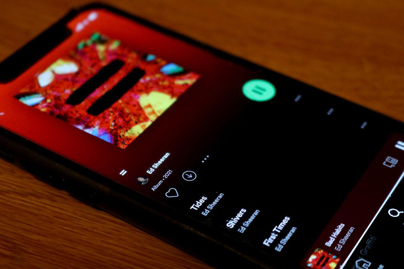 Ed Sheeran’s album “=” playing on an iPhone. Sam writes about how Sheeran’s latest album shines through its more intimate songs but has several that feel too much like obvious attempts at new radio hits. LIBBY MCCLELLAND/ DAILY FREE PRESS STAFF
