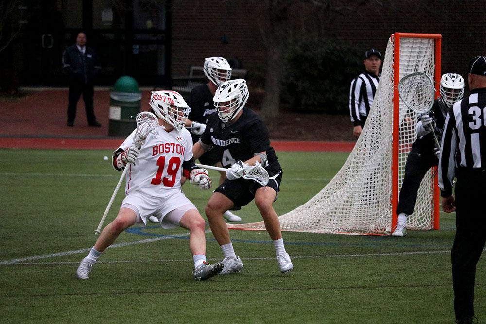 Senior Timmy Ley during a previous game this season against Providence College. Ley scored a game-winning shot in the last five seconds of an away game against the Lehigh Mountain Hawks, giving the Terriers a 9-8 win and the program’s first-ever Patriot League regular season title. LIBBY MCCLELLAND/DFP FILE