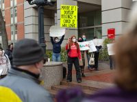 protest outside President Brown's office against COVID-19 policies