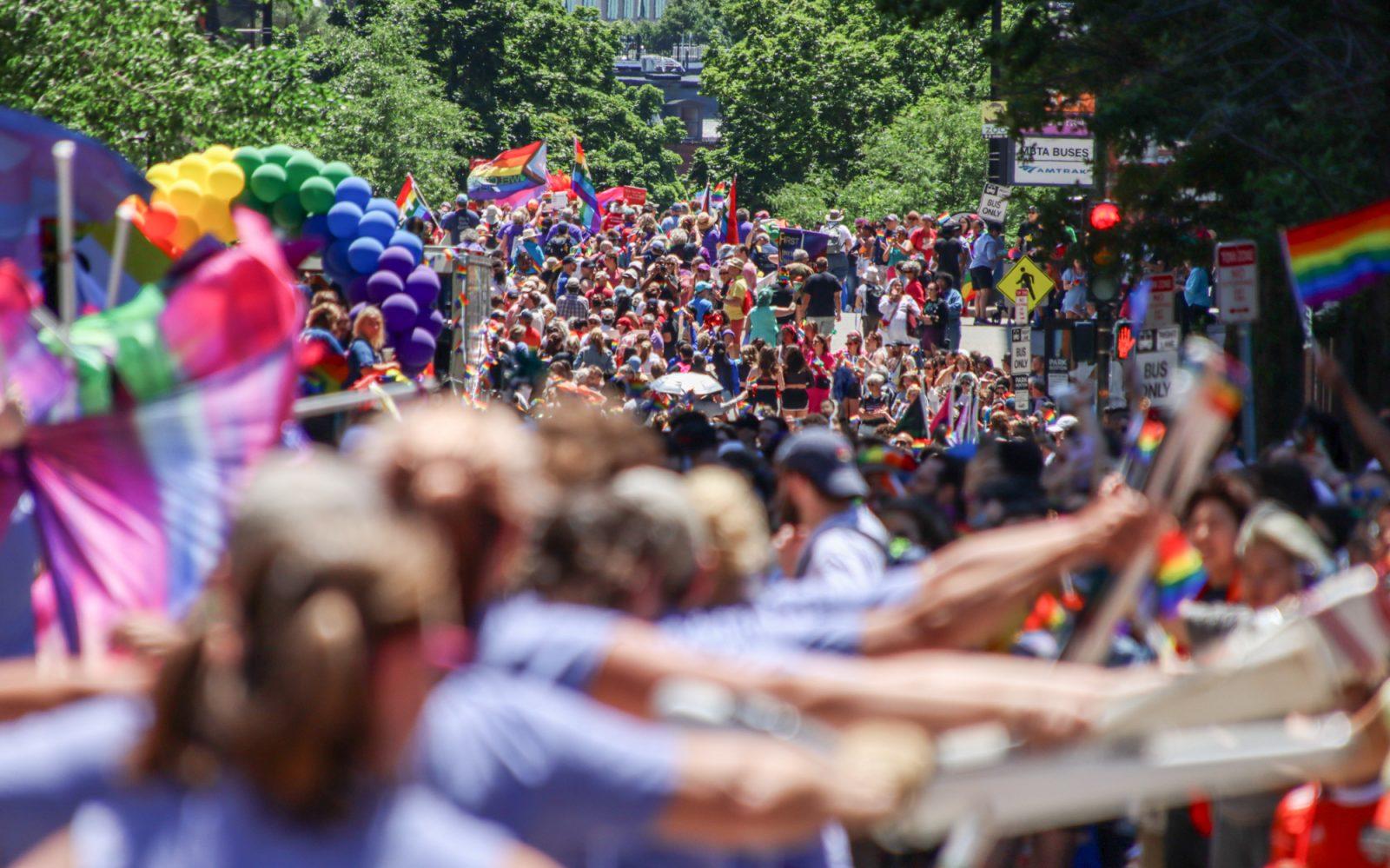 People gather and walk during the Pride parade’s celebration on June 8. CLARE ONG/DFP PHOTOGRAPHER
