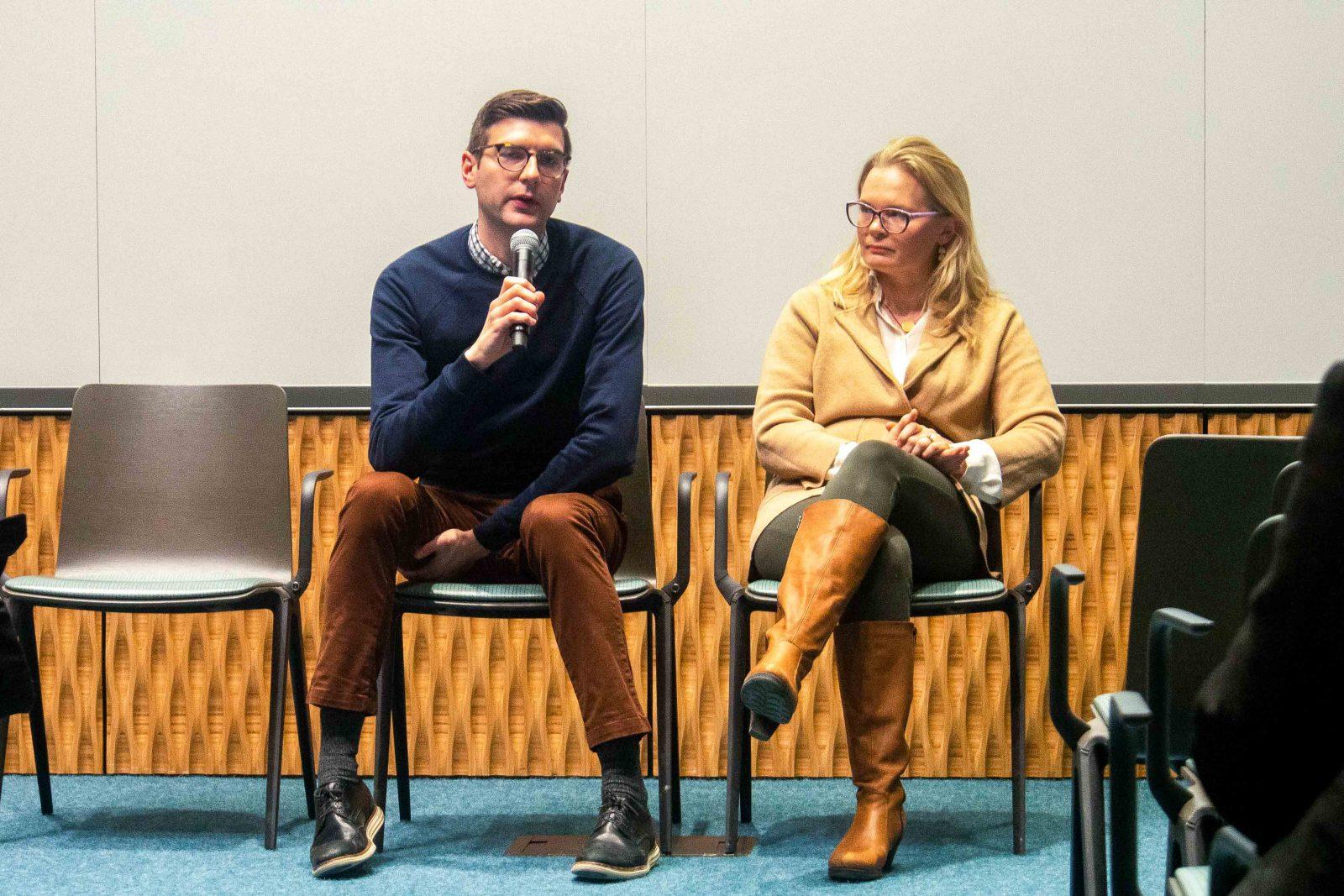 Casey DiCocco and Kaija Schilde, an associate professor in the Pardee School of Global Studies, speak Jan. 31 at the Ask Me Anything Series hosted by Boston University’s Student Government. COURTESY OF BEVERLY YANG