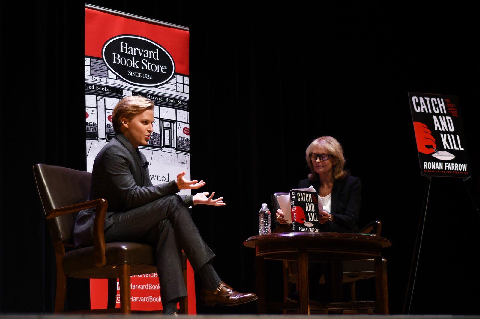 Journalist Ronan Farrow speaks at the Harvard Book Store on Oct. 24 while touring for his recently released book, âCatch and Kill,â which follows his investigation into the sexual assault allegations made against Harvey Weinstein. AUSMA PALMER/ DAILY FREE PRESS STAFF