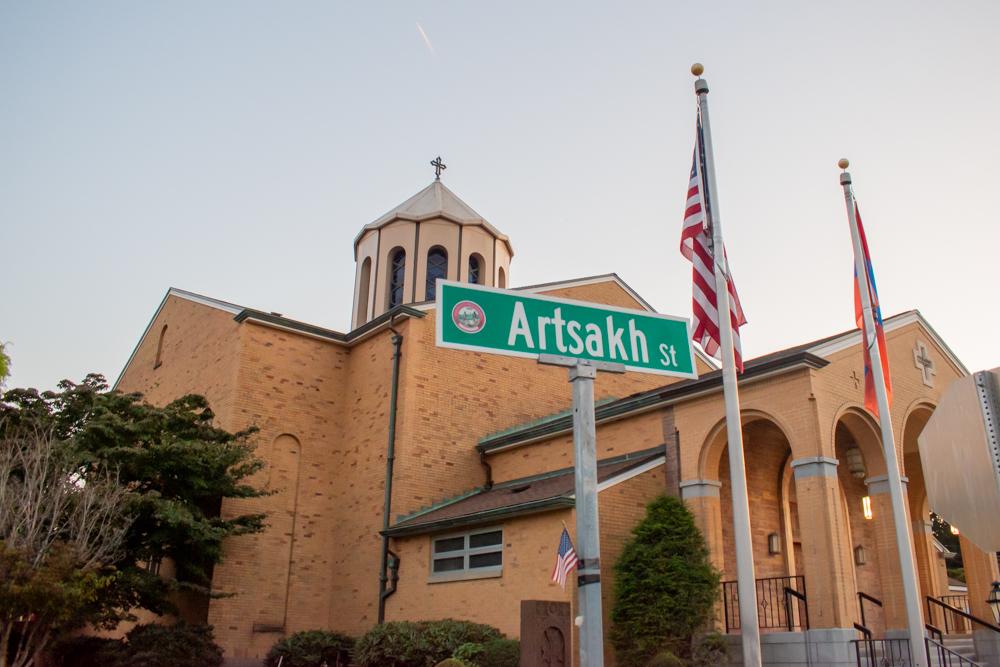 St. Stephen’s Armenian Apostolic Church on Artsakh St. in Watertown. Armenian communities in Boston are raising awareness through fundraising and rallies for the humanitarian situation in a region between Azerbaijan and Armenia referred to by the community as Artsakh. MOLLY POTTER/DFP PHOTOGRAPHER