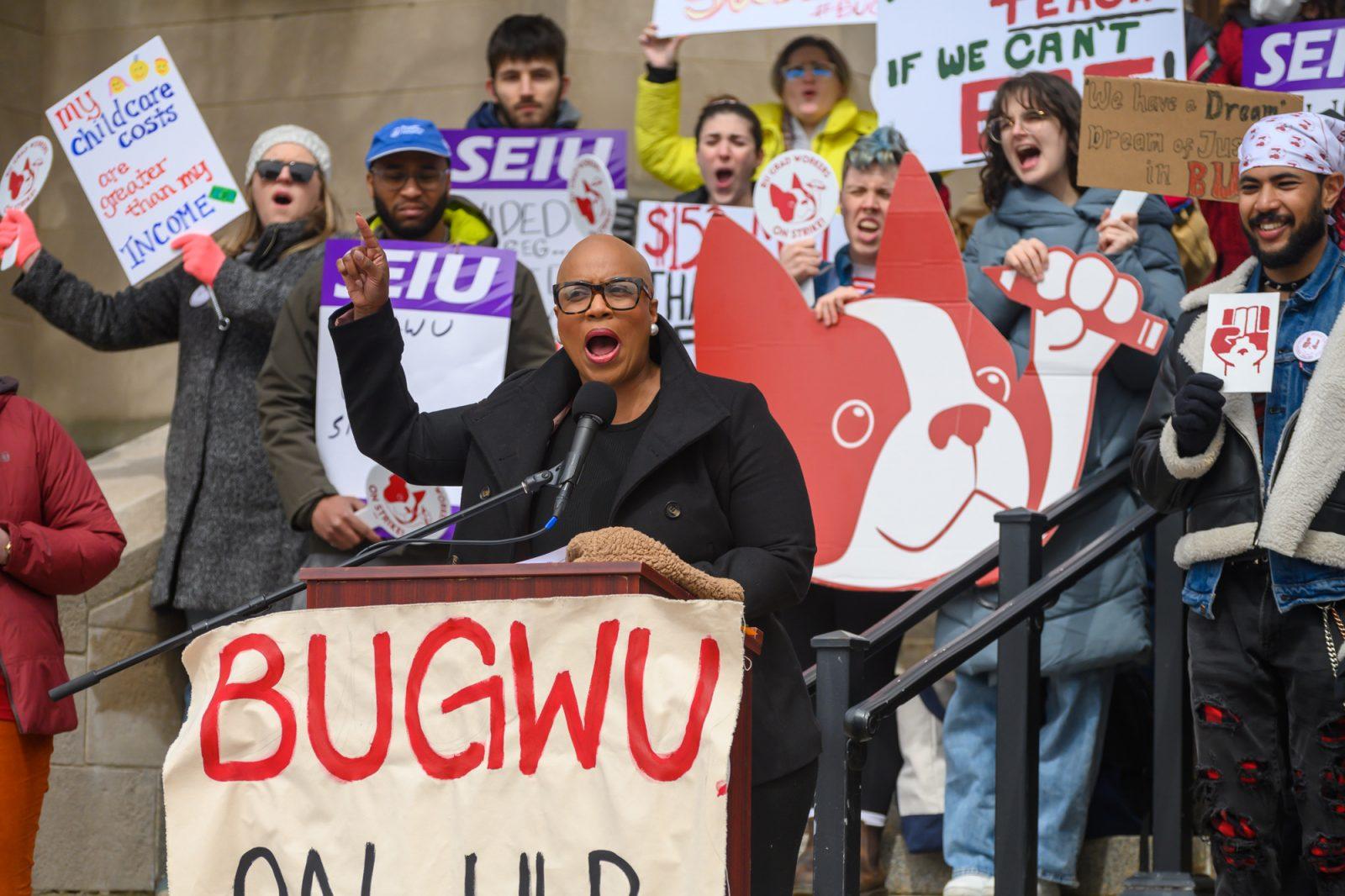 Congresswoman Ayanna Pressley speaks to the crowd at a rally on the first day of the Boston University Graduate Workers Union strike on Monday. MOLLY POTTER/DFP PHOTOGRAPHER