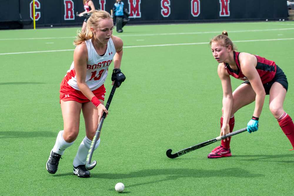 Boston University sophomore forward and midfielder Maddie Hudson (13) in a game against Harvard in April. The Terriers beat Columbia 2-1 on Sunday at the newly renovated New Balance field. MOLLY POTTER/DFP PHOTOGRAPHER