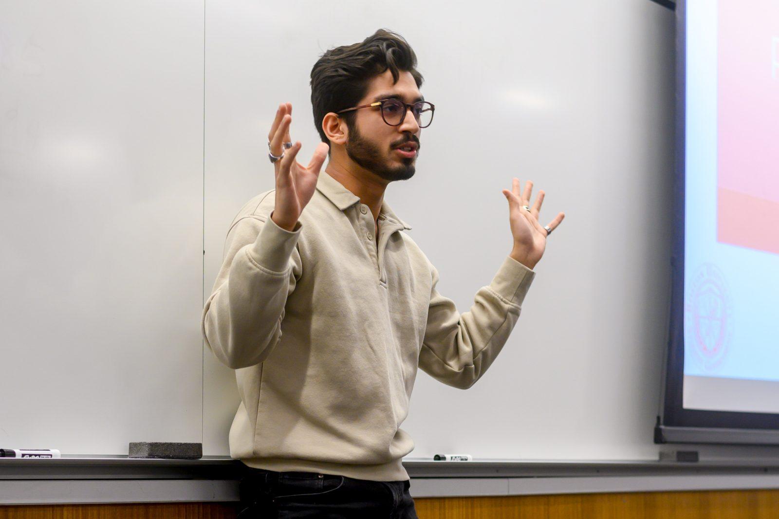Boston University Student Body President Dhruv Kapadia speaks in the BU Student Government meeting on Jan. 29. Monday’s StuGov meeting featured a proposal to increase BU’s student applicant pool and a funding request from the BU Veteran Assist Club. MOLLY POTTER/DFP PHOTOGRAPHER