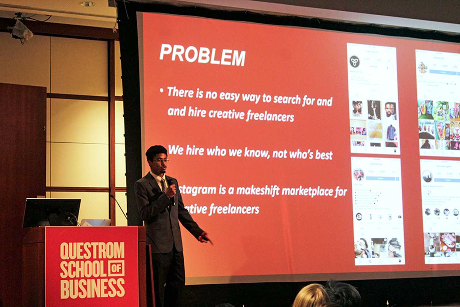 Leithland Kilburn, a junior in the College of Arts and Sciences and founder and CEO of his app “HigherPlace,” earned third place pitching his idea at the Greenwood Pitch Competition at the Questrom School of Business on Feb. 26. RACHEL SHARPLES/ DAILY FREE PRESS STAFF 
