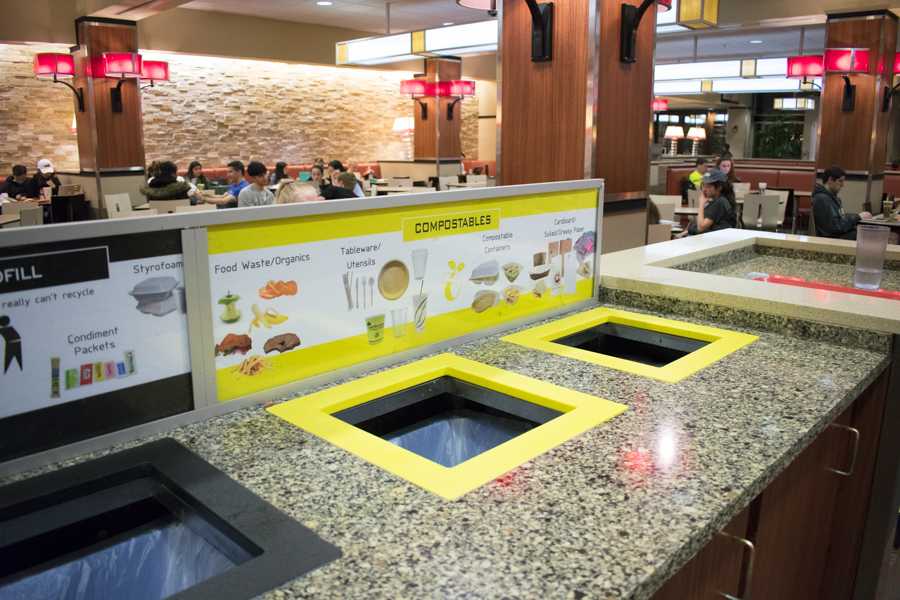 Compost bins in the George Sherman Union in 2018. Boston University senior Giovanni DiMaggio created the Food for Every Terrier app to partner with the GSU to decrease food waste after winning a seed grant from Innovate@BU last semester. GSU. MIKE REDDY/ DFP FILE