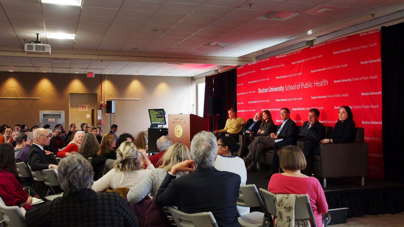 People speak on a panel called “Death and Dying: A Population Health Perspective,” at the Boston University School of Medicine Tuesday. Panelists pictured from left to right include: Barbara Moran, George Annas, Tracy Balboni, Samuel Harrington, Christopher de Bellaigue and Amy Appleford. RIKI STOUT/ DAILY FREE PRESS STAFF