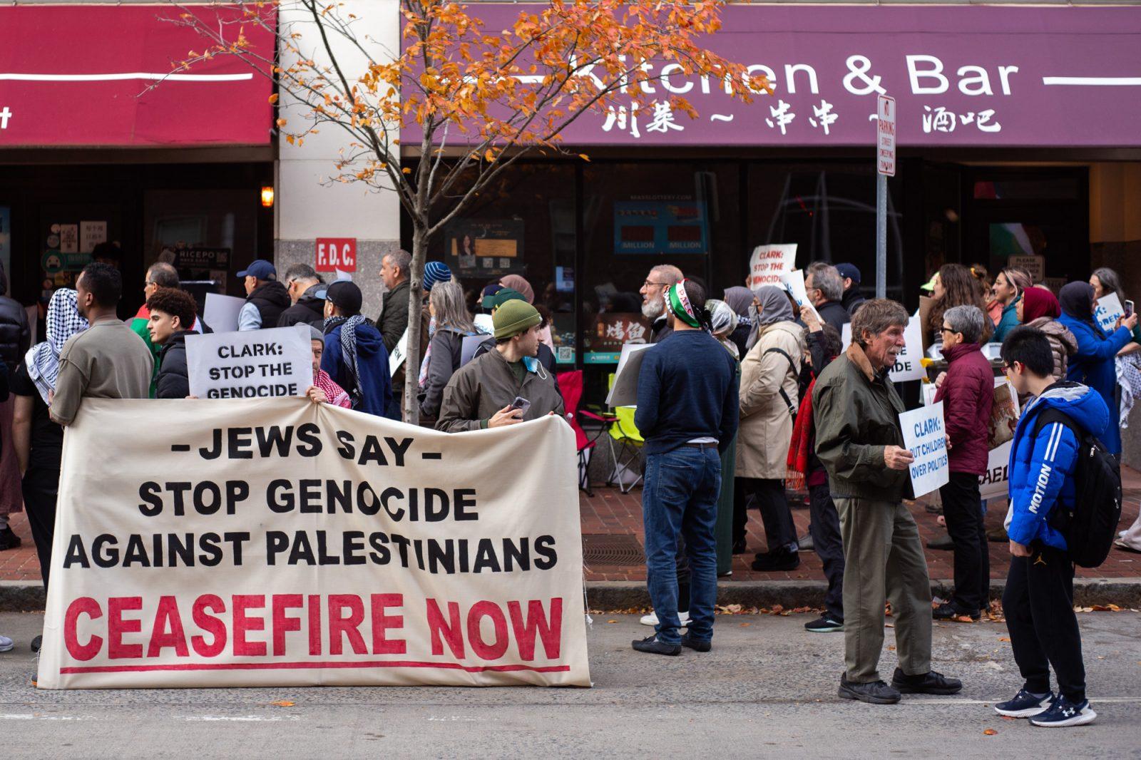 A ceasefire rally outside the office of House Minority Whip Katherine Clark in Malden in November 2023. Cambridge and Somerville voted to call for a cease-fire in Gaza, although Boston has not. SYDNEY ROTH/DFP PHOTOGRAPHER