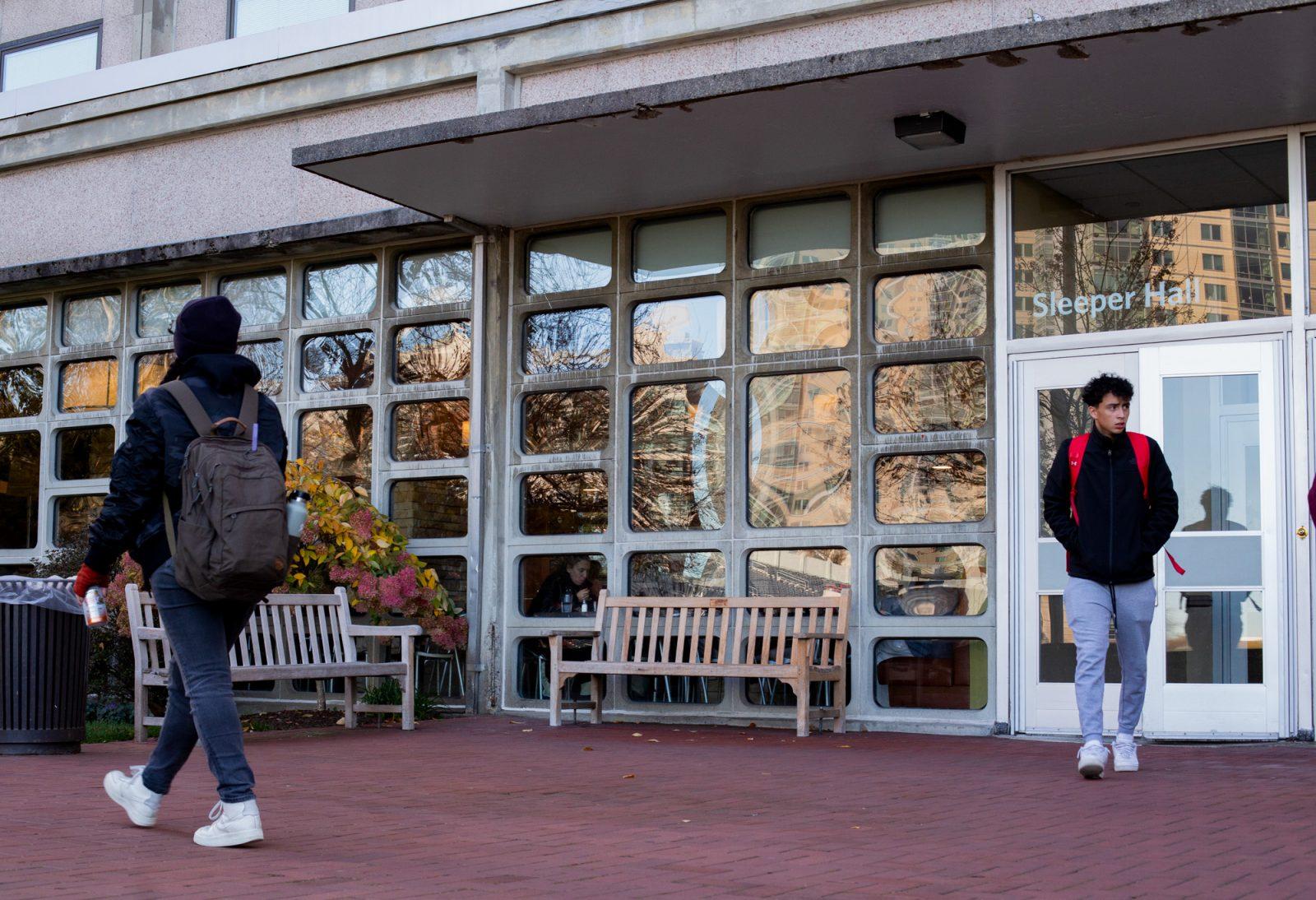 Students walk in front of Sleeper Hall. Starting on April 16, Boston University Housing will begin accepting room change requests for the 2024-25 academic year from students who are unsatisfied with their upcoming housing assignments. SYDNEY ROTH/DFP PHOTOGRAPHER
